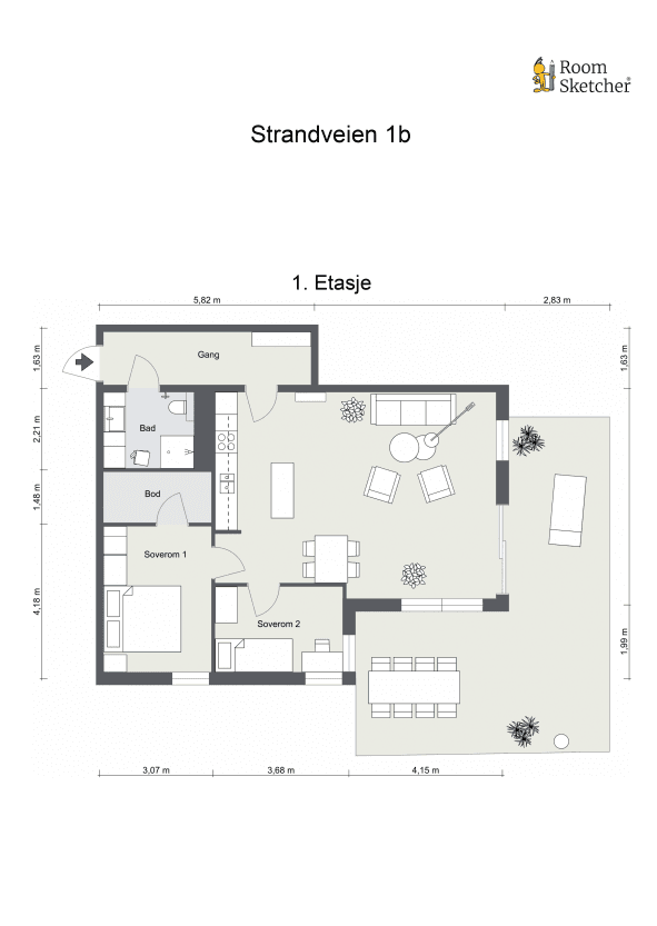 Plantegning. Leiligheten disponerer en ekstern bod og har garasjeplass med lader.