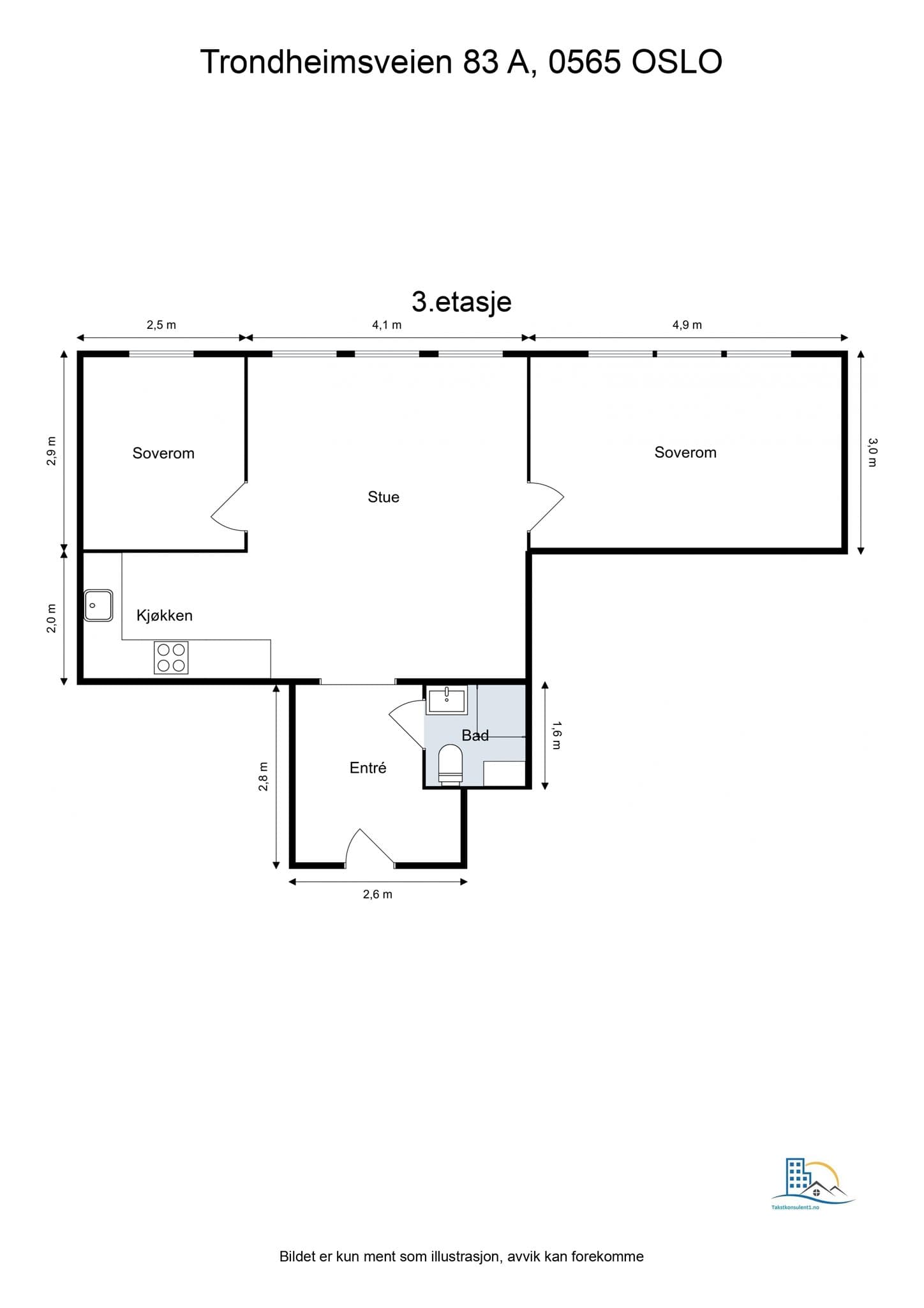 Plantegning. I tillegg disponerer leiligheten en kjellerbod på ca. 2,7 m² og en loftsbod med gulvflate på ca. 8,1 m².