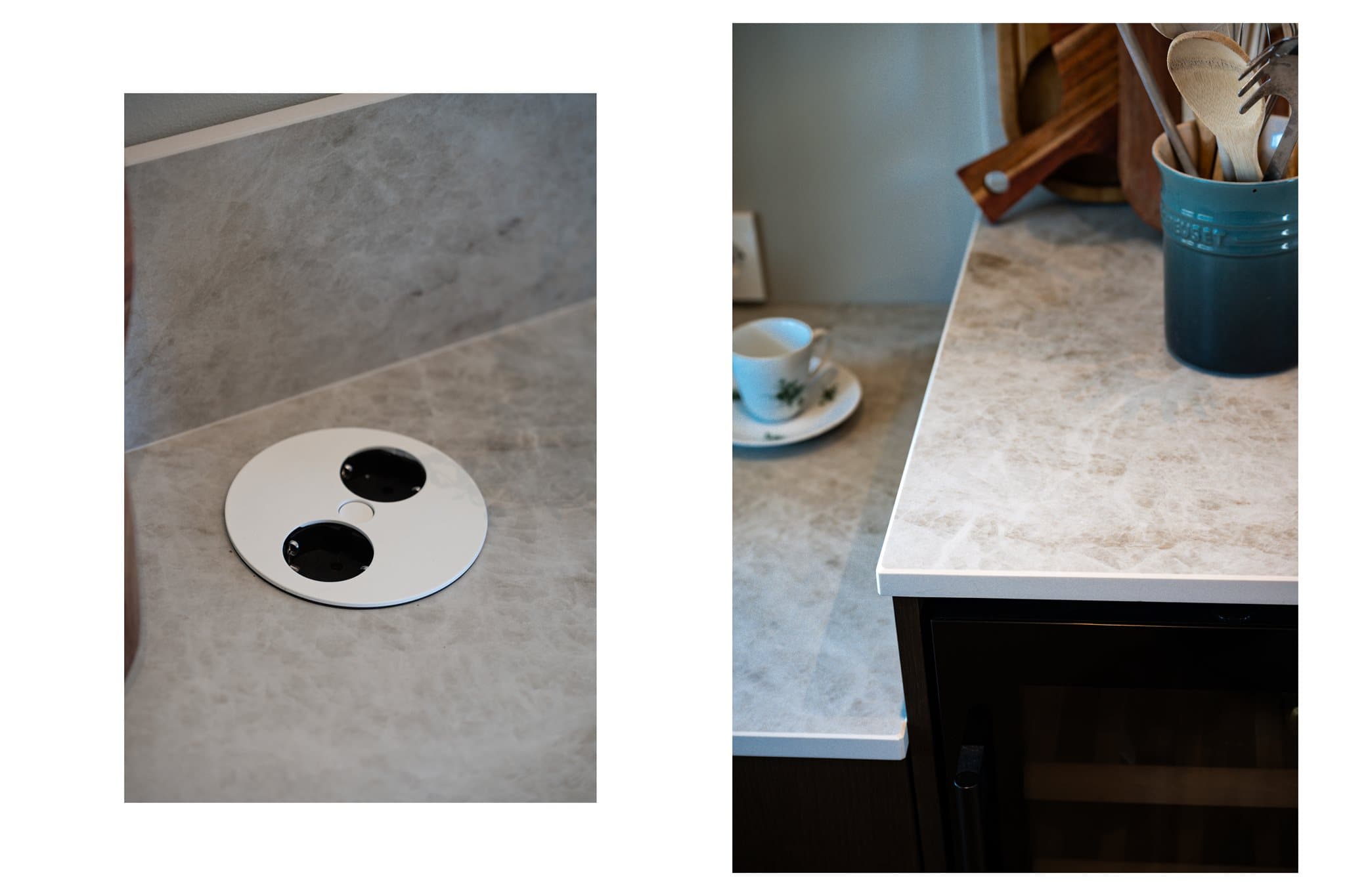 Kjøkkenbenk med innebygd stikkontakt og marmorinspirert overflate.