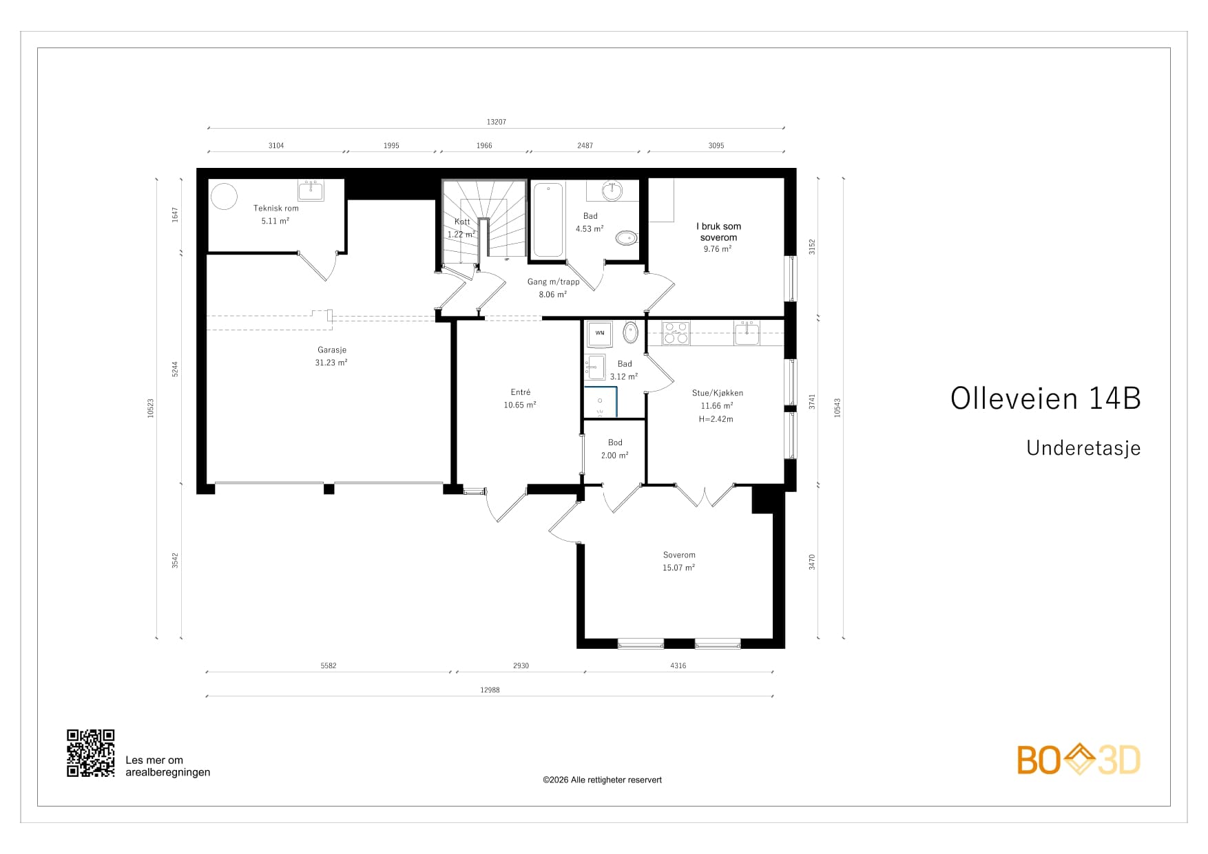 Alternativ plantegning for underetasjen. Her med separat hybel i kjelleren, som det ble tilrettelagt for allerede ved oppføringen av huset.