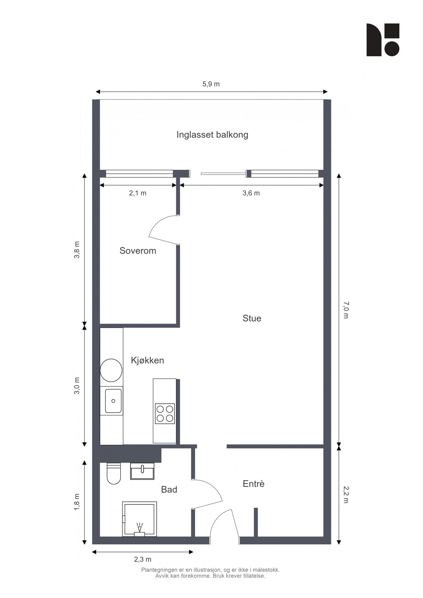 Plantegning. Leiligheten disponerer en kjellerbod på ca. 2 m².