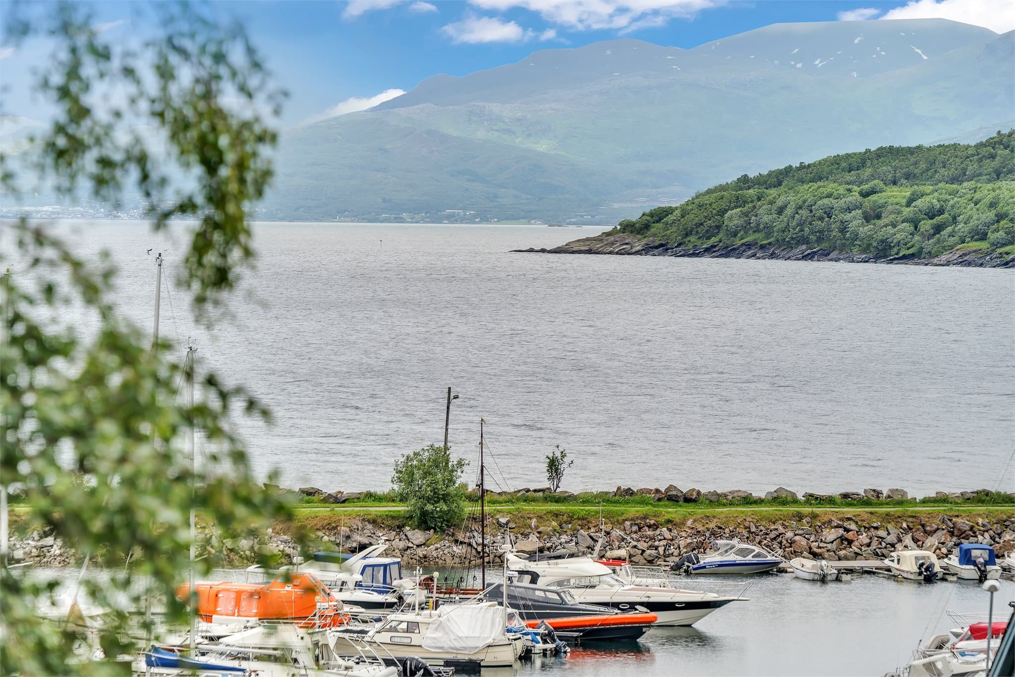 Fin utsikt utover fjorden fra eiendommen.