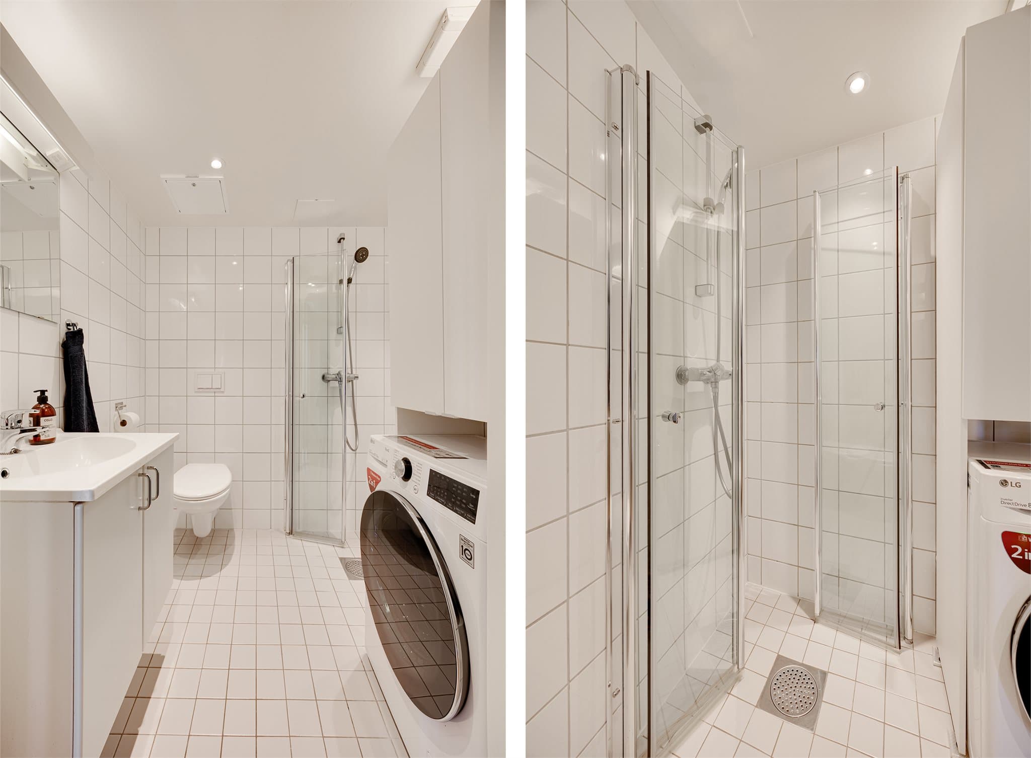 Badet er utstyrt med servant, veggfestet klosett med innebygget sisterne samt dusj med innfellbare dører i herdet glass. Det er også praktisk opplegg for vaskemaskin.