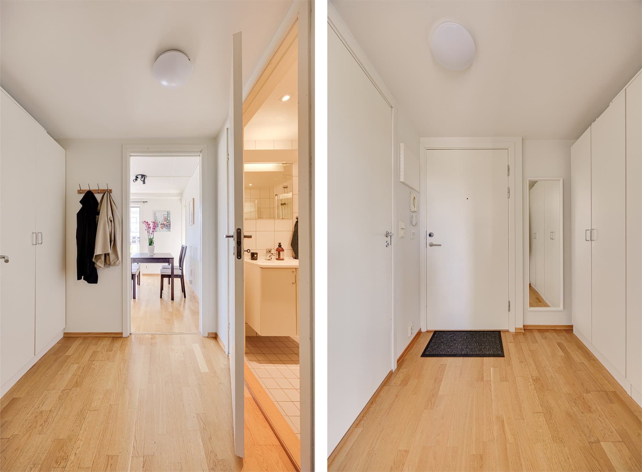 Du ønskes velkommen inn i en hyggelig og praktisk entré med god plass til yttertøy og sko. Her er det rom for garderobeløsning og en liten sitteplass – perfekt når du skal av og på med skoene.