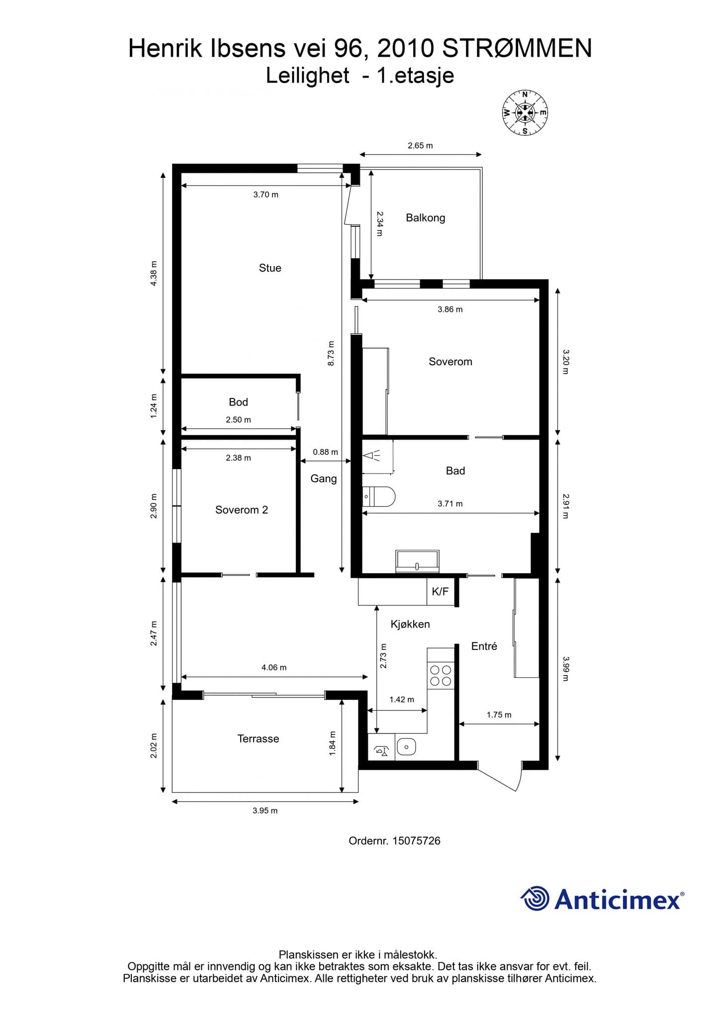 Plantegning 1.etg. Det er lagringsplass i innvendig bod samt bod i kjeller på ca. 5 kvm.