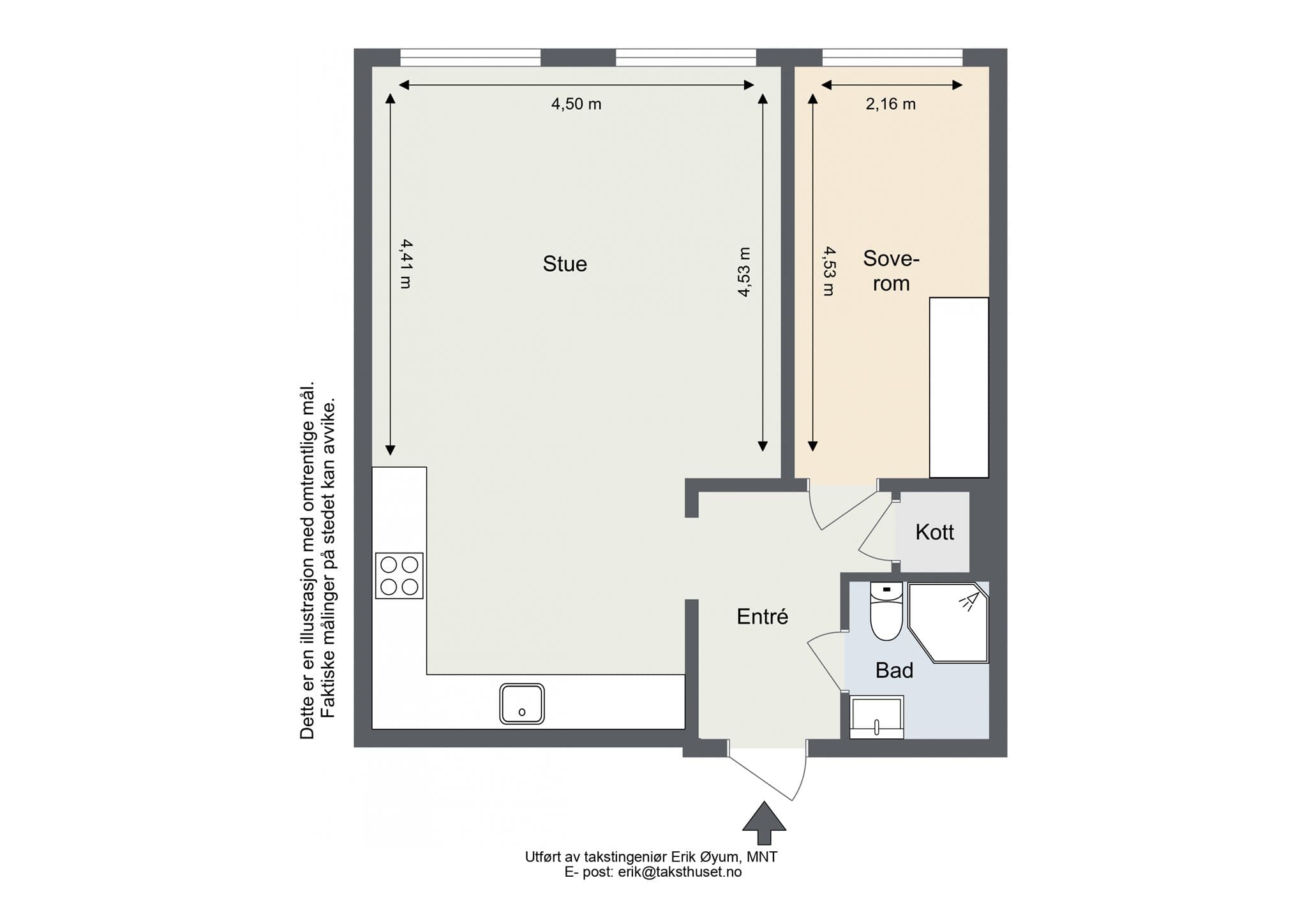 Plantegning. Leiligheten disponerer en bod i kjeller på ca. 1,6 m². Boden er rundet opp til 2 m².