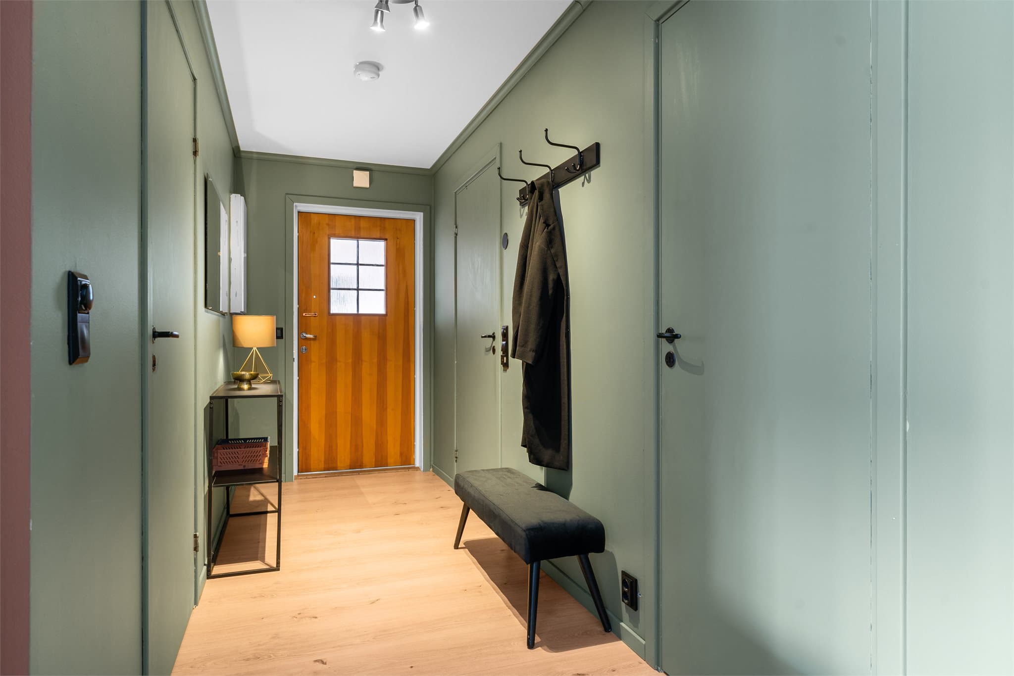 Velkommen inn! Romslig entré/gang med knaggrekke og plass til oppbevaringsmøblement.