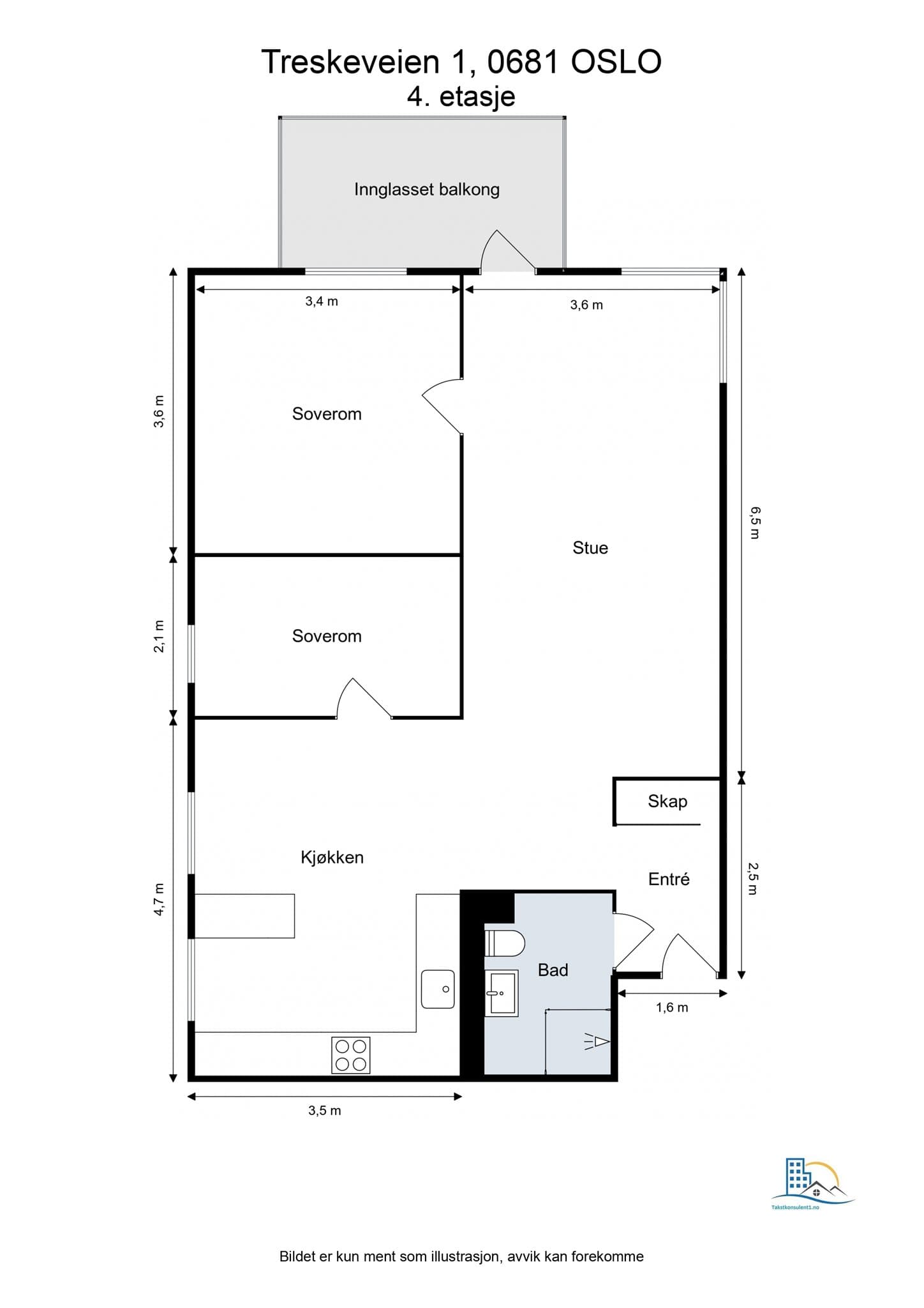 Plantegning. Leiligheten disponerer også en loftsbod på ca. 6 m² og 2 stk. kjellerboder på henholdsvis ca. 2,6 m² og ca. 3,6 m².
