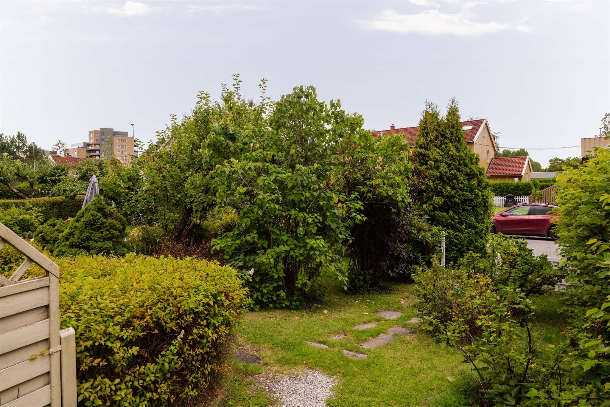 Hagen er opparbeidet med plen og diverse beplantning.