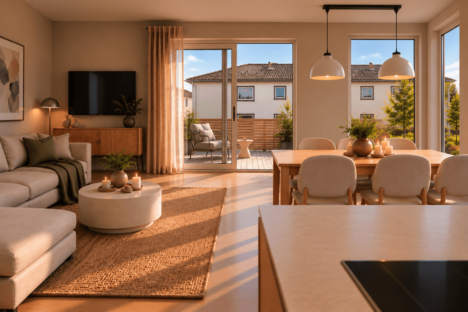 Stue med utgang til terrasse (AI-generert illustrasjon, avvik vil forekomme)