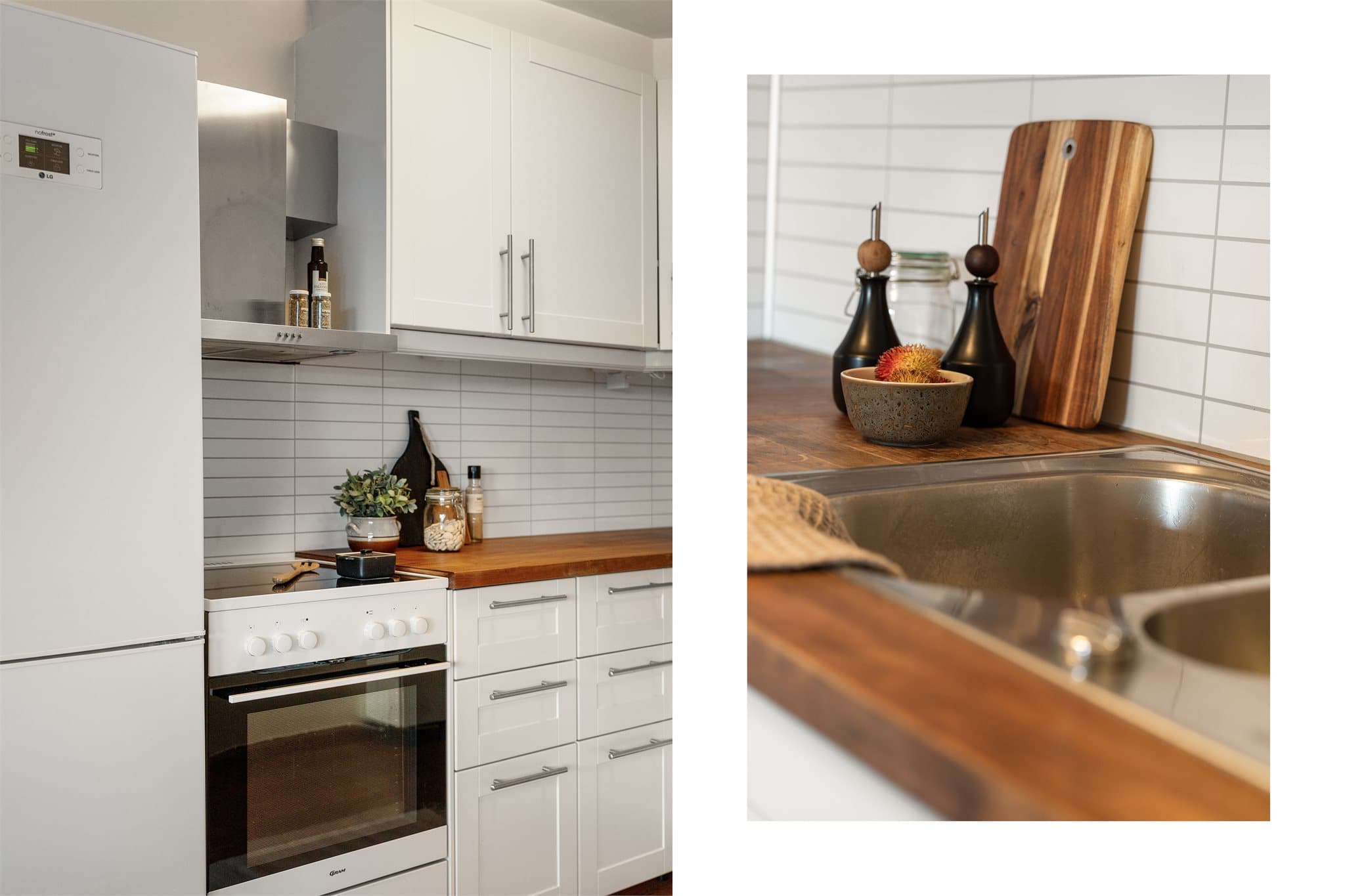 - Kjøkkeninnredning med profilerte fronter, benkeplate med finèrt finnish og nedsenket vask -