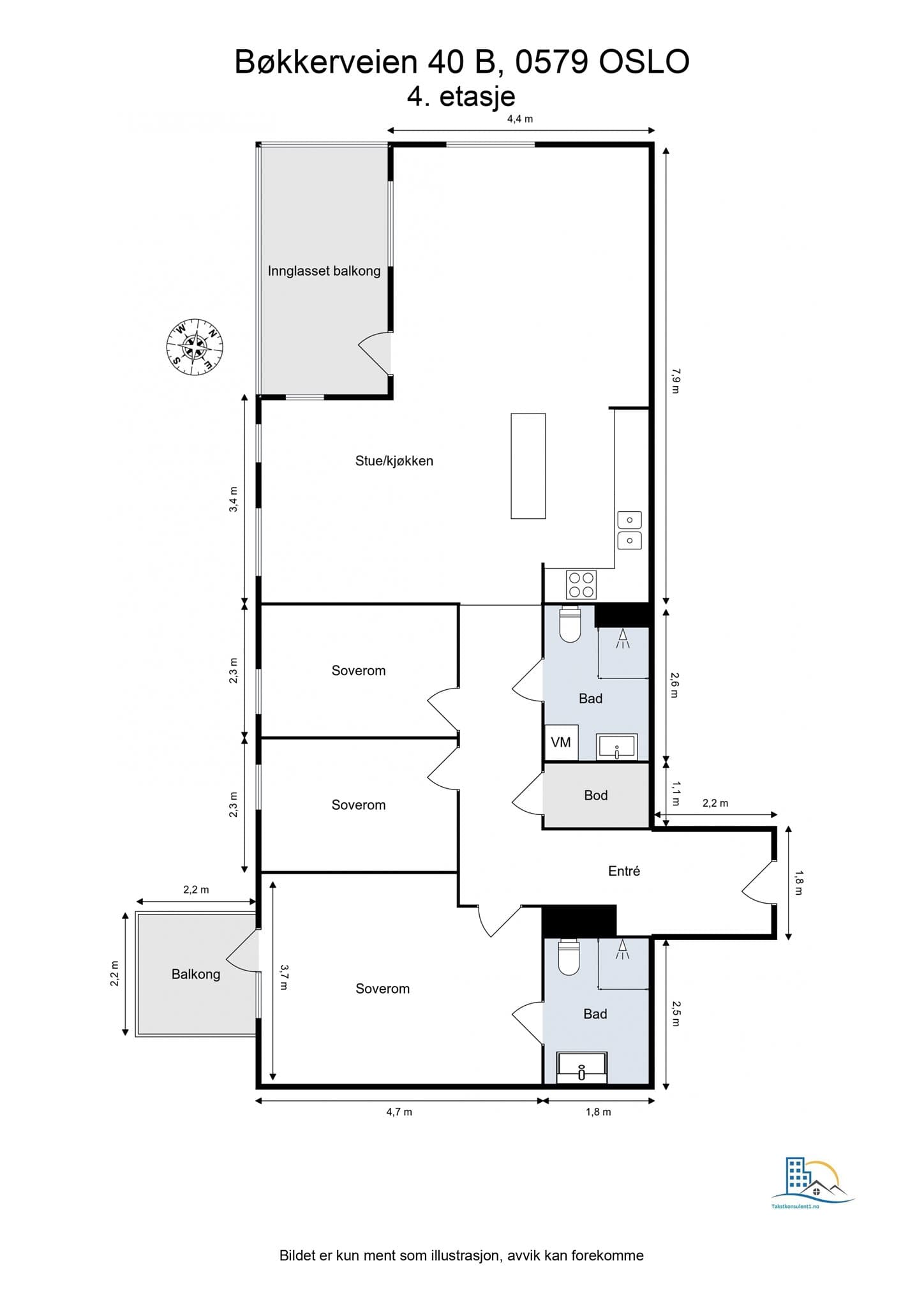 Plantegning. I tillegg disponerer leiligheten en bod i kjelleren på ca. 6,1 m² samt en garasjeplass med lader.
