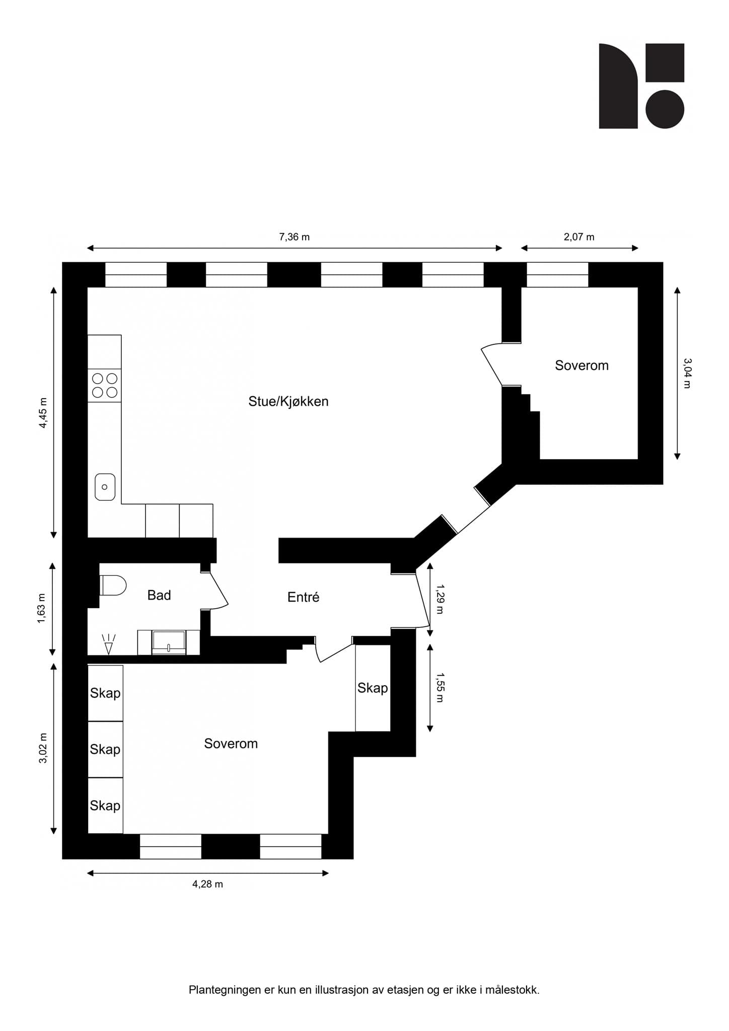 Plantegning. Leiligheten disponerer en bod på 5 m² i kjeller og en bod på 3 m² på loftet.