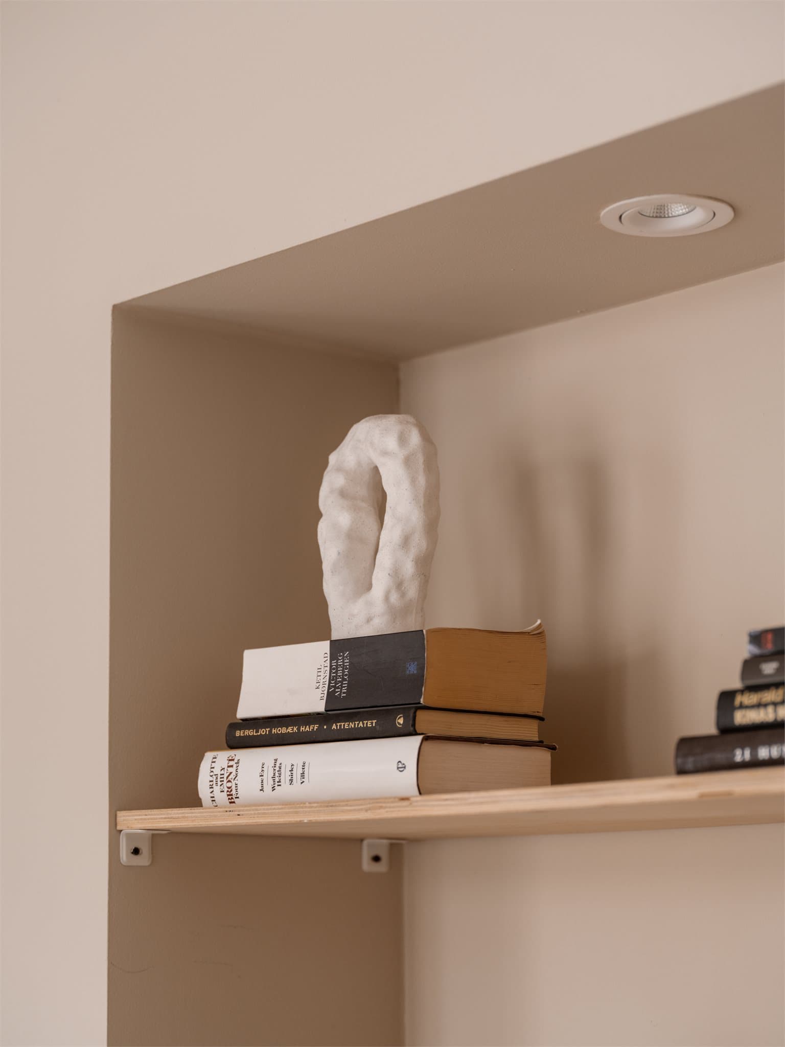 Den plassbygde hyllen har downlights som gir et behagelig, indirekte lys.