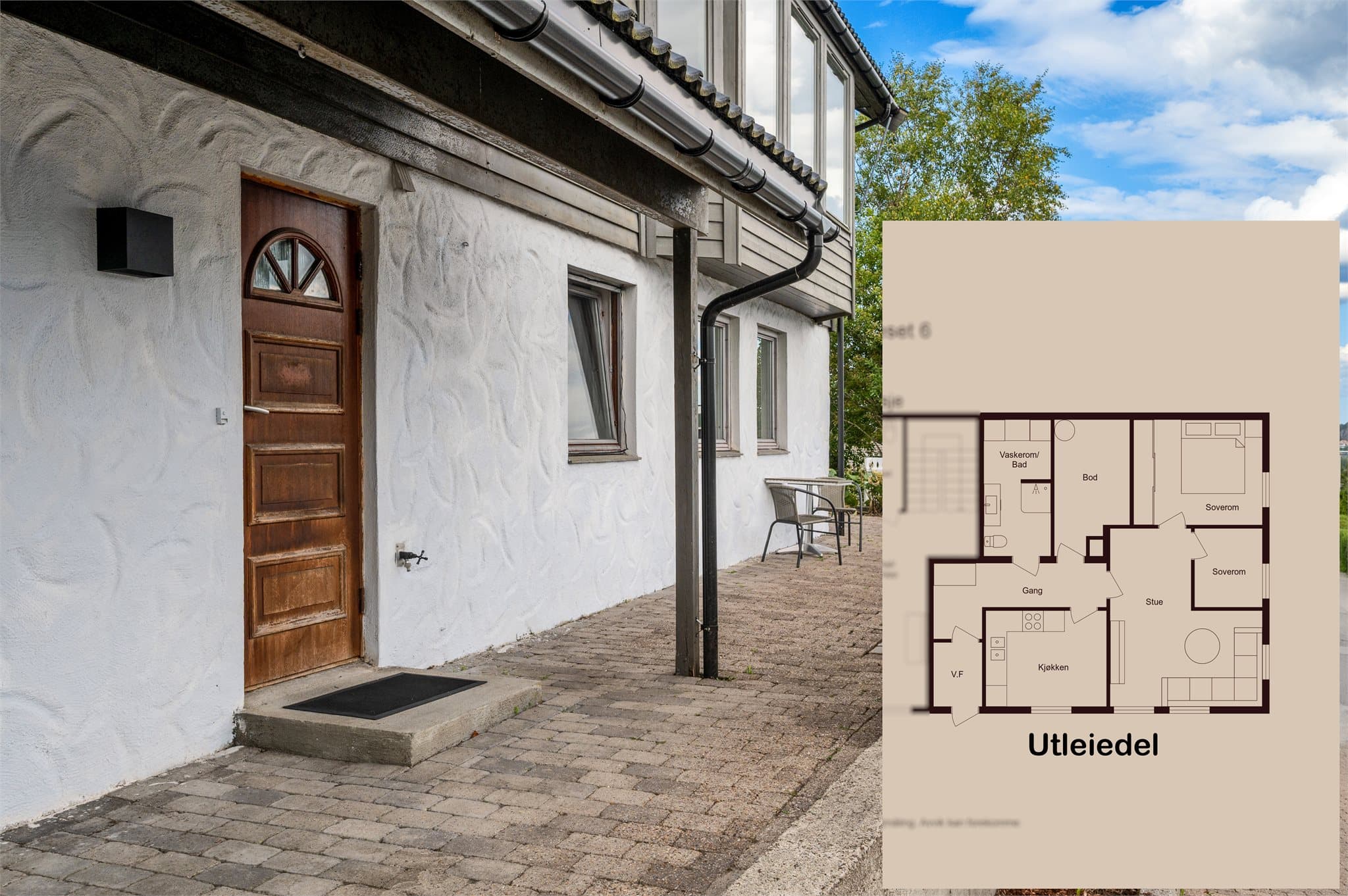 - Utleiedelen har et BRA-i på 76 m² og inneholder entré, gang, stue/kjøkken, bad, 2 soverom og bod -