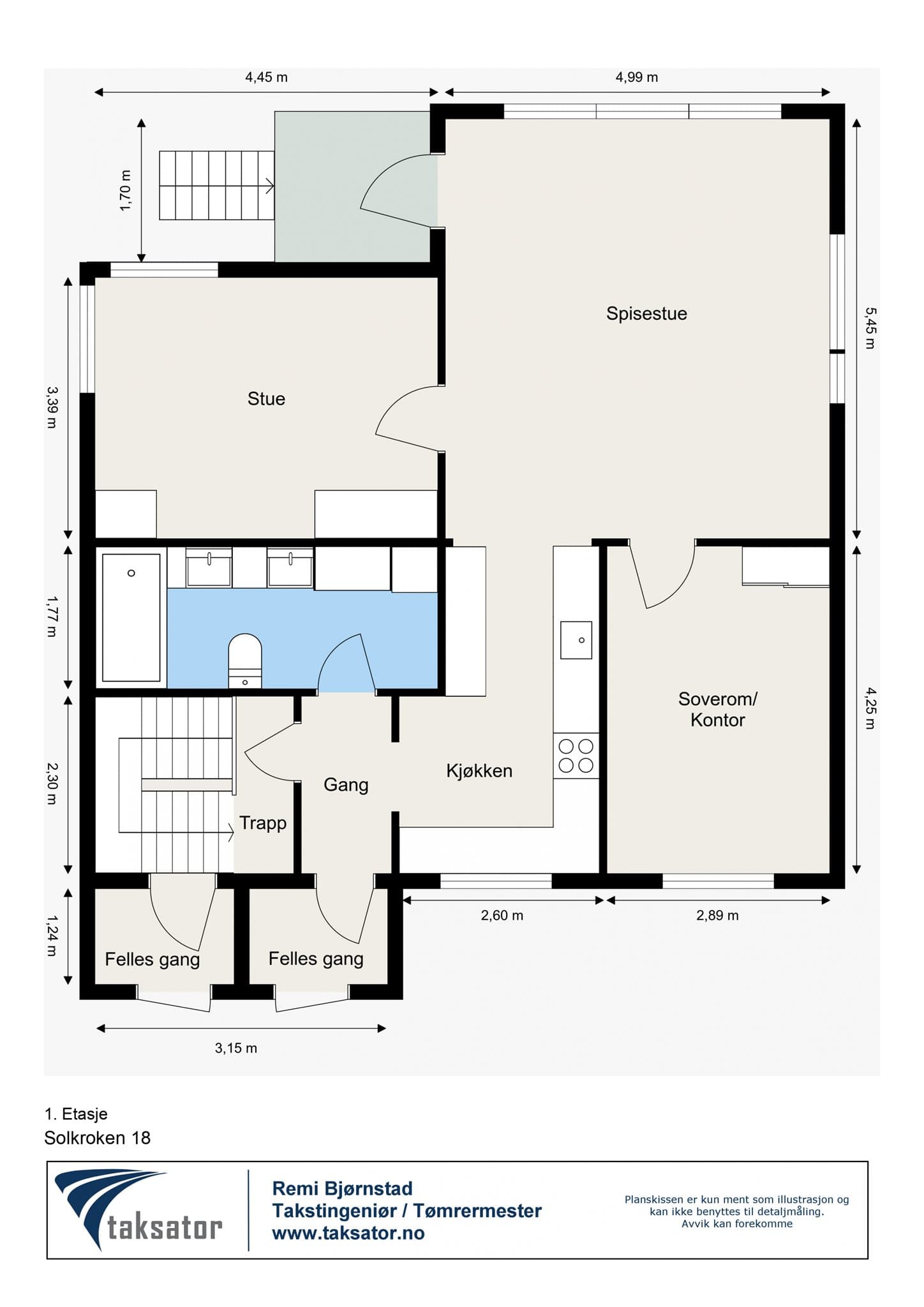 Alternativ plantegning 1. etasje med separat inngang som leder ned til underetasjen. Se punkt om ferdigattest og utleie i salgsoppgaven.
