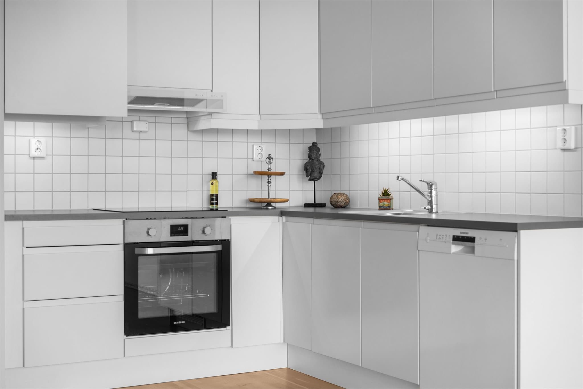 Integrert koketopp og stekeovn samt oppvaskmaskin.