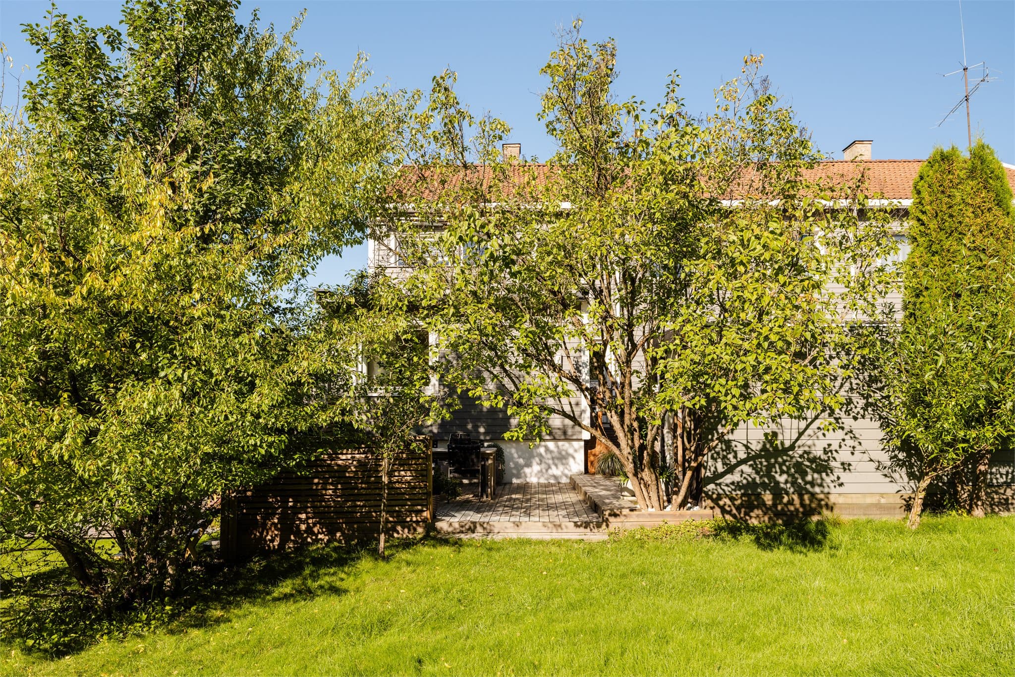 Fasaden vender mot romslige fellesarealer med plen og etablert beplantning.
