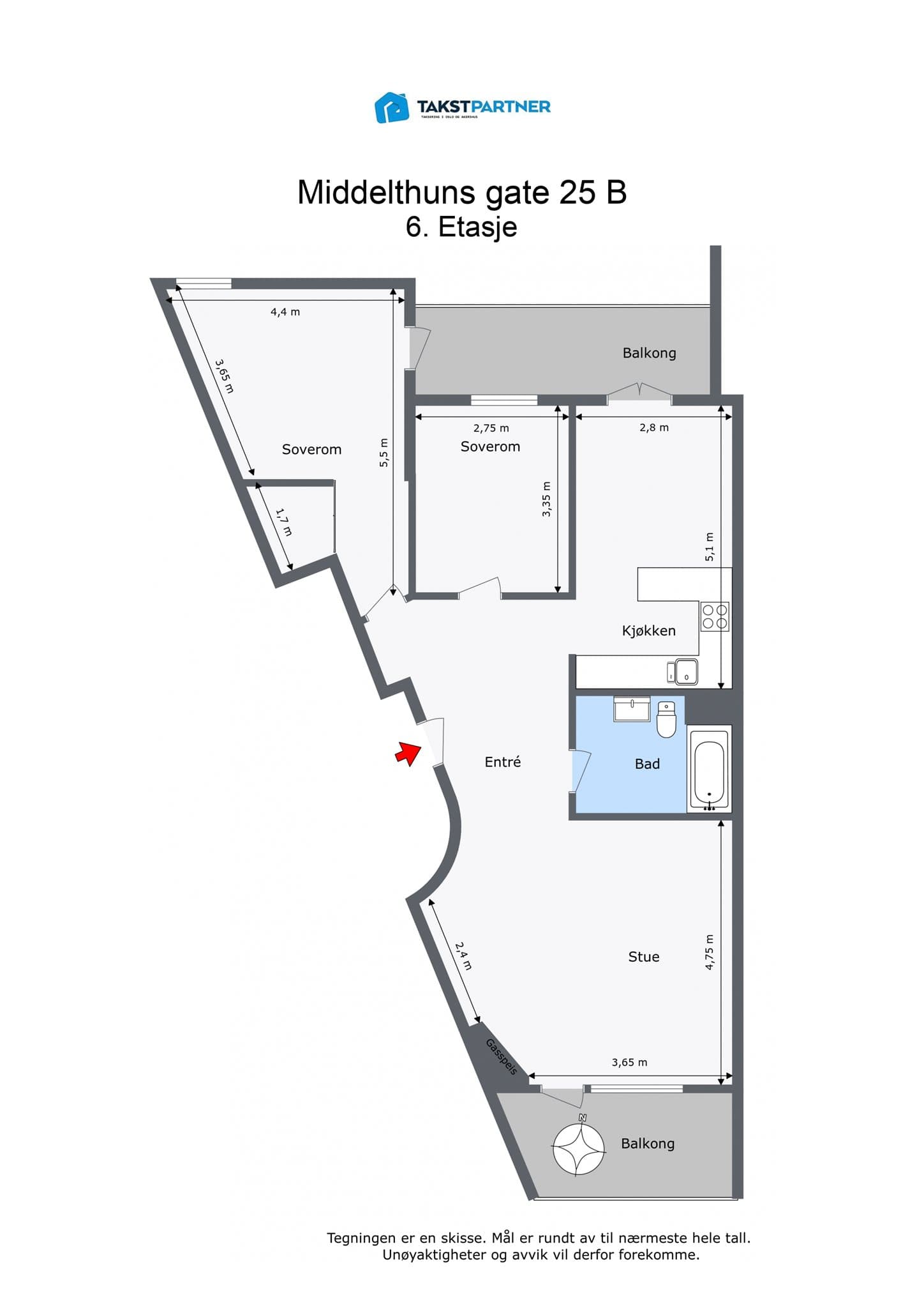 Planløsning. Leiligheten disponerer en kjellerbod på ca. 7 m².