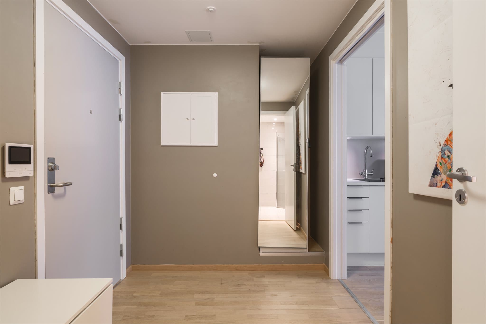 Vi starter i en innbydende entré med eikeparkett som går igjen i hele leiligheten.