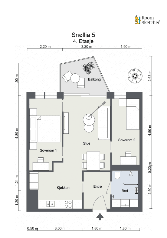 Plantegningen viser en arealeffektiv og gjennomtenkt planløsning med to soverom.
