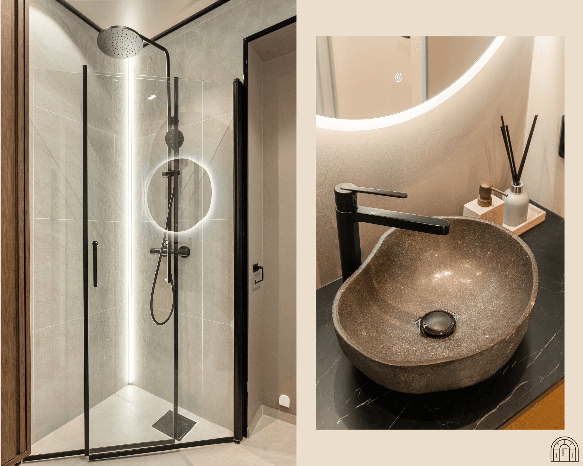 - Badet er innredet med vegghengt toalett, benkeskap med servant og dusjdører i glass -