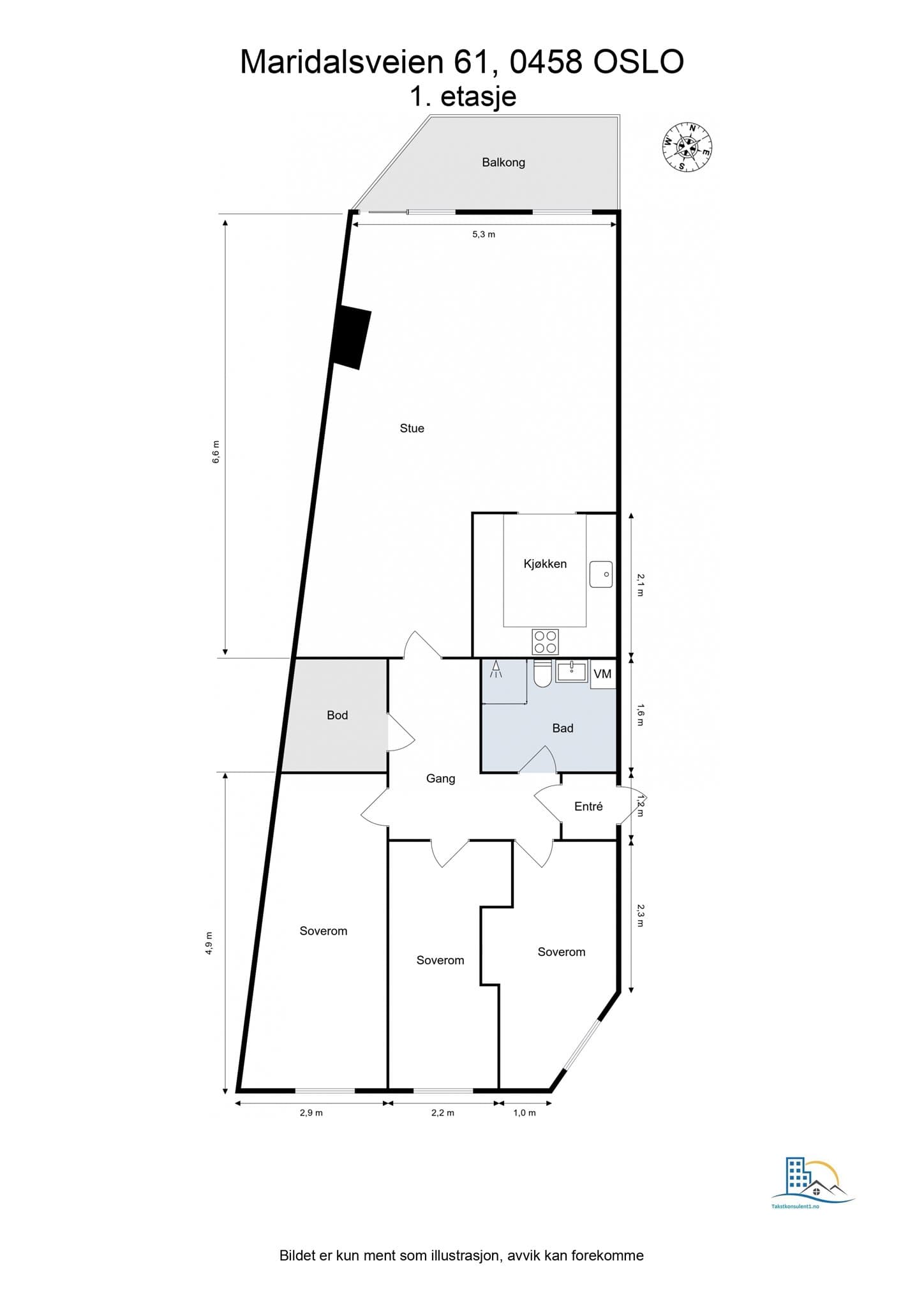 Plantegning. Leiligheten disponerer en ekstern bod i kjeller på 8 m² og en garasjeplass med lader.