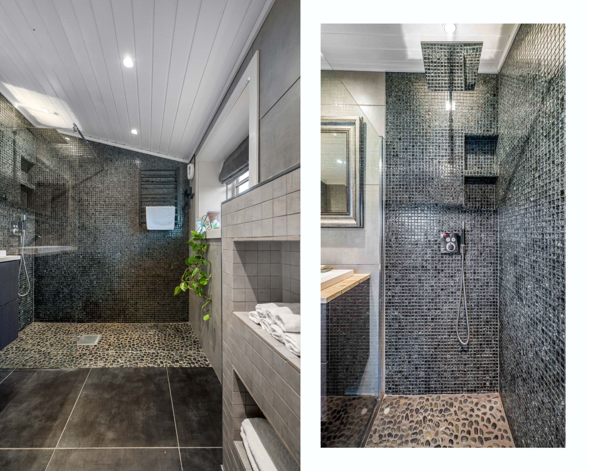 Det er montert en romslig baderomsinnredning med speil over. Videre har badet veggmontert toalett og dusjhjørne med glassfelt, regnfallsdusj og håndholdt dusj. Det er også opplegg for vaskemaskin og tørkestativ med elektrisk varme.