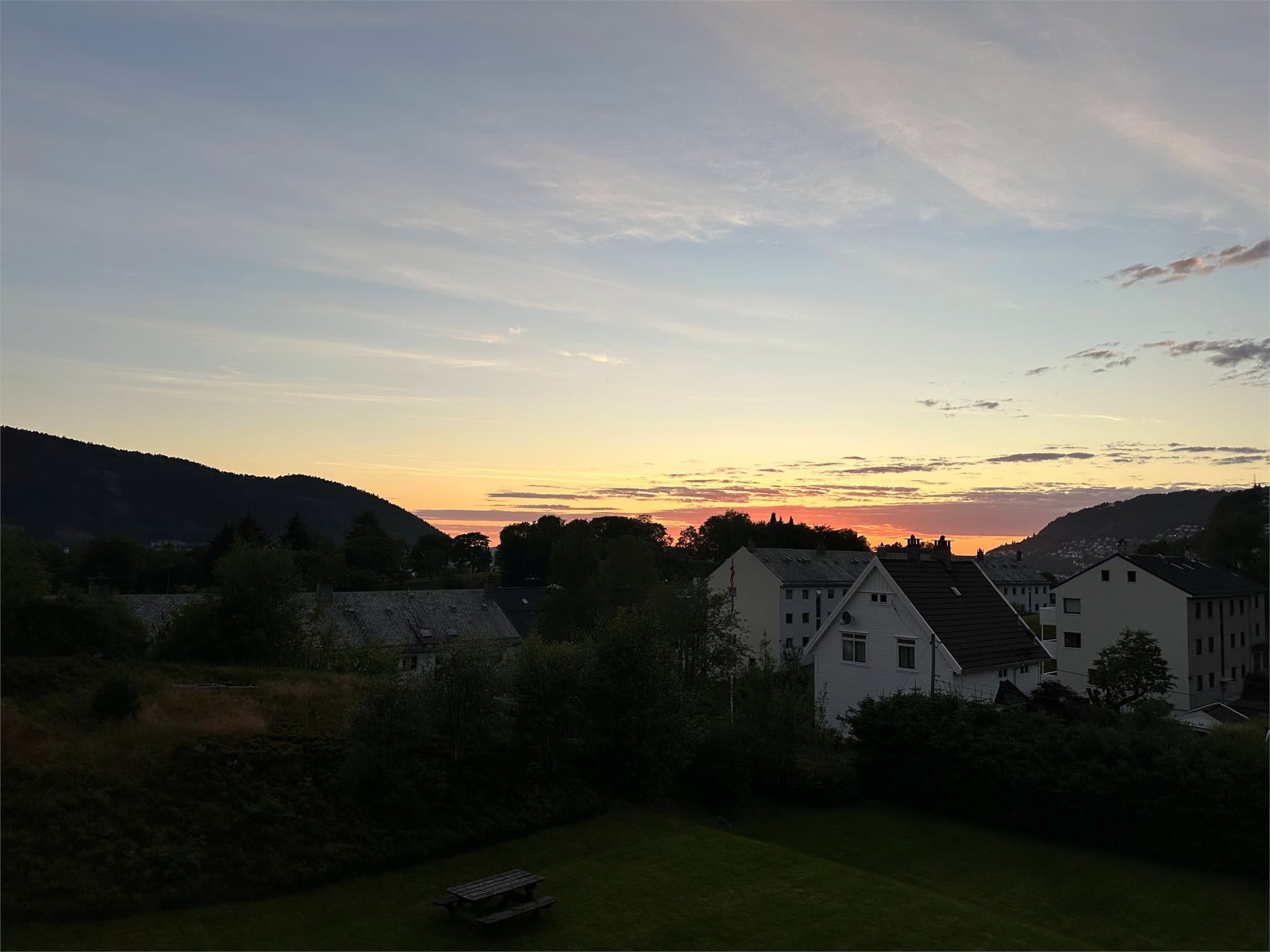 Solnedgang sett fra terrassen en sommerdag i juli