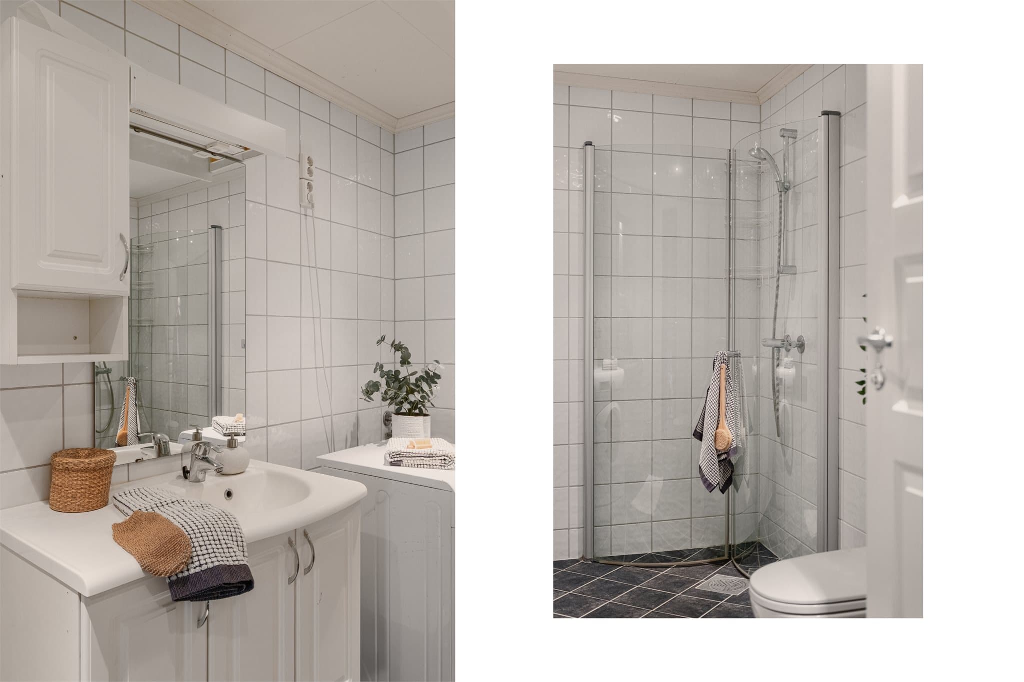 - Badet er innredet med vegghengt toalett, heldekkende servant, dusjdører i glass og opplegg for vaskemaskin -