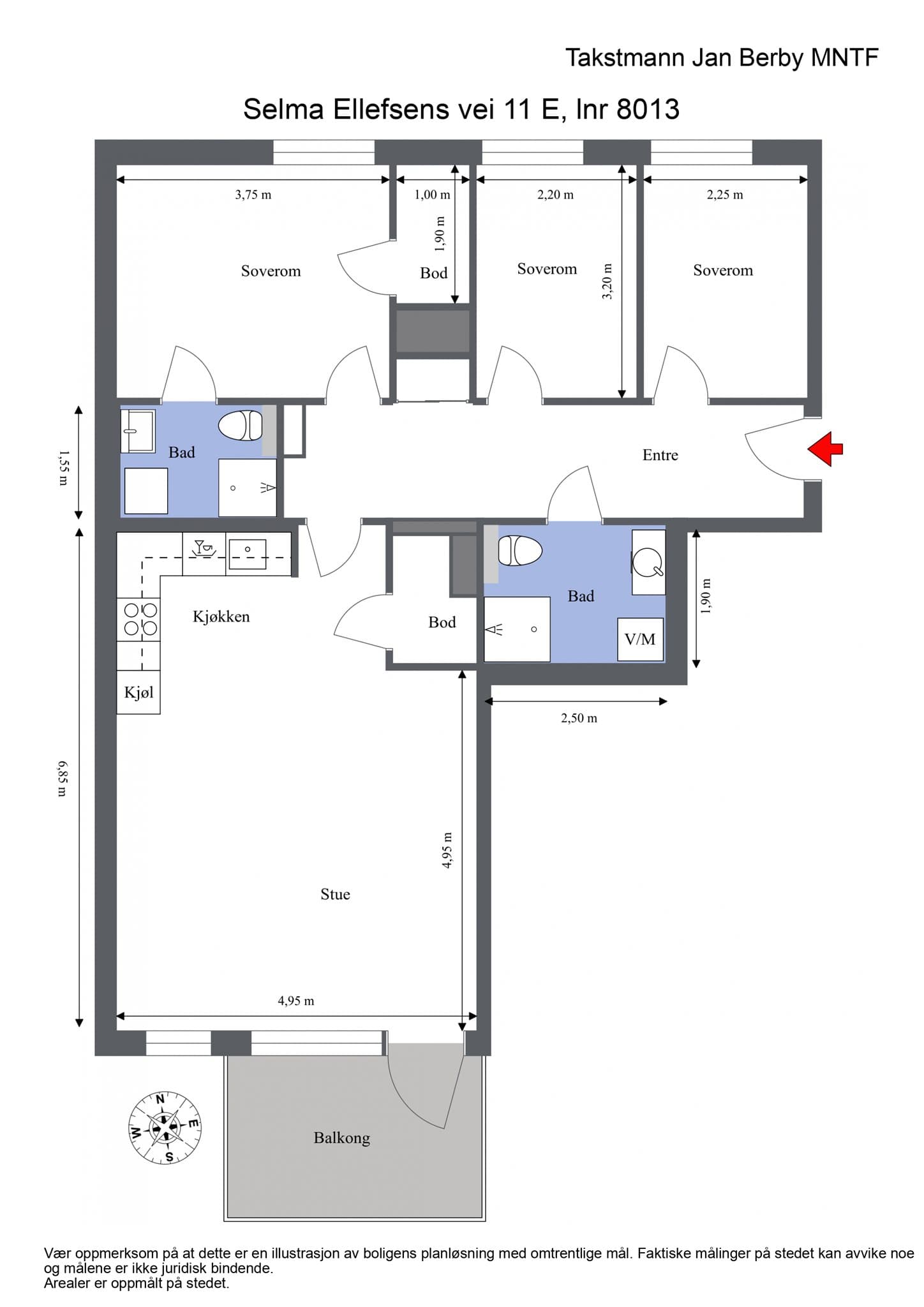 Plantegning. I tillegg disponerer leiligheten en kjellerbod.