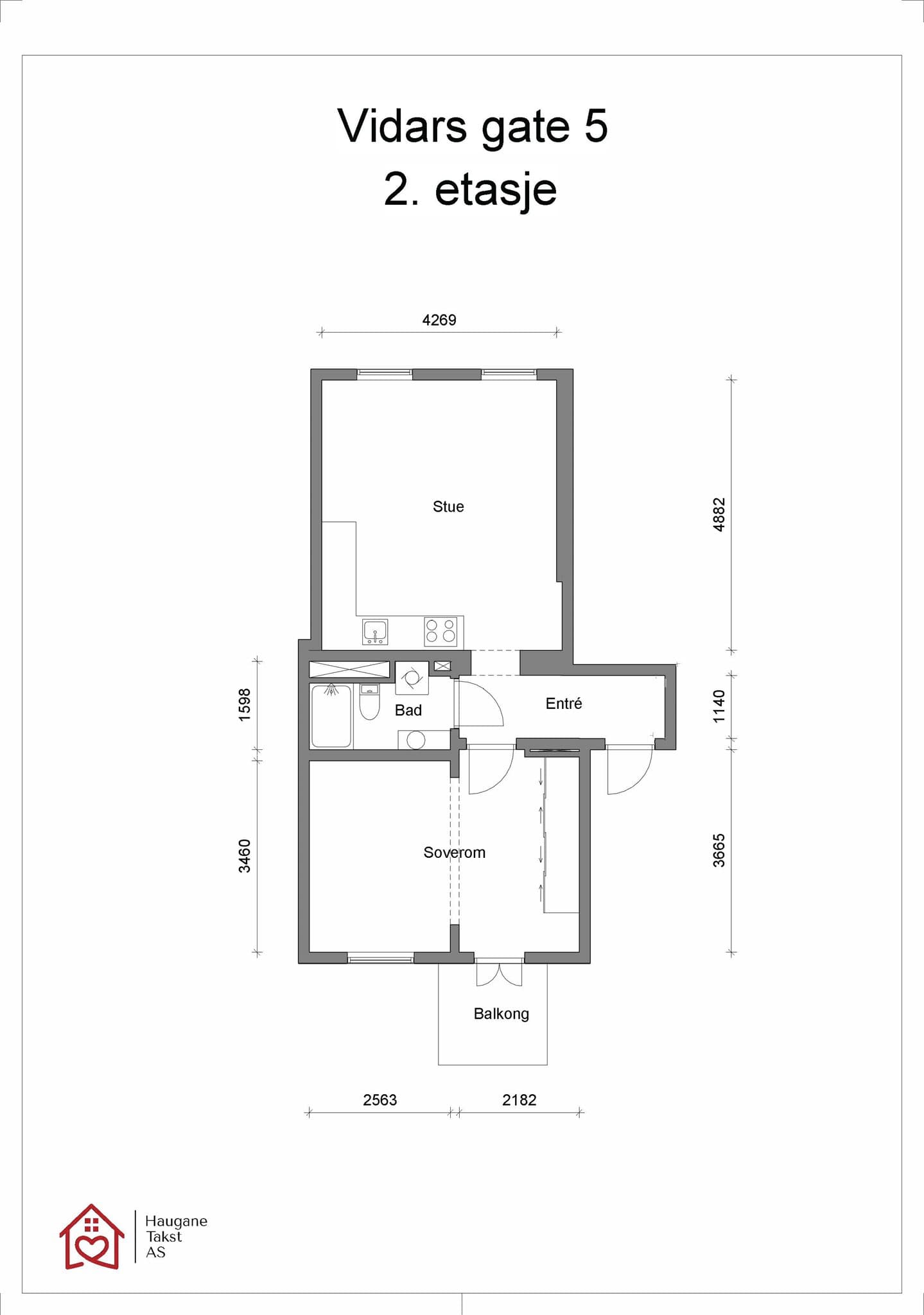 Plantegning. Leiligheten disponerer en kjellerbod på ca. 3 m², med et gulvareal på ca. 5 m², samt. en loftsbod målt til ca. 4,8 m².