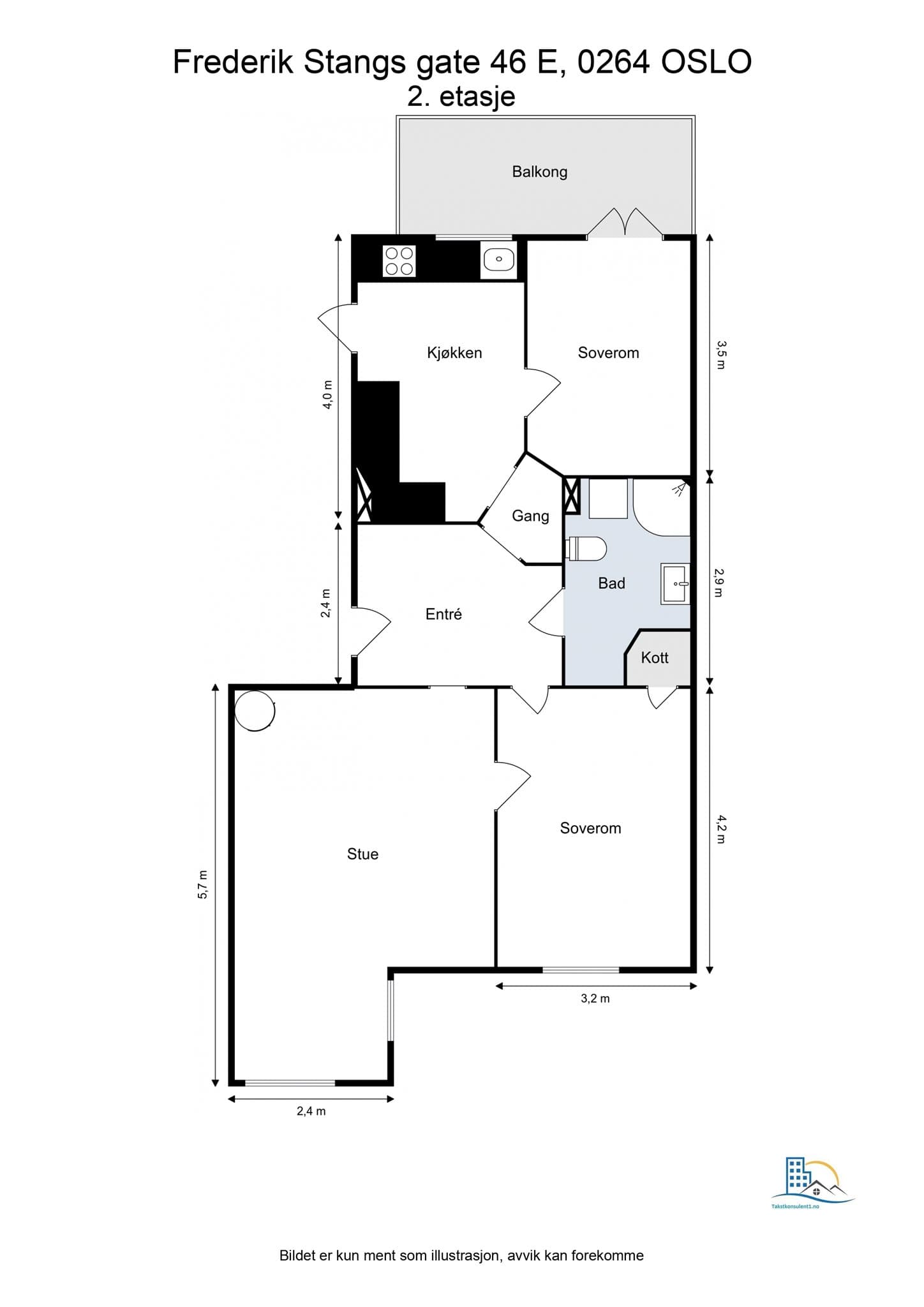 Planløsning. Leiligheten disponerer en bod i kjelleren på ca. 5,3 m² og en bod på loftet med et gulvareal på 3 m².