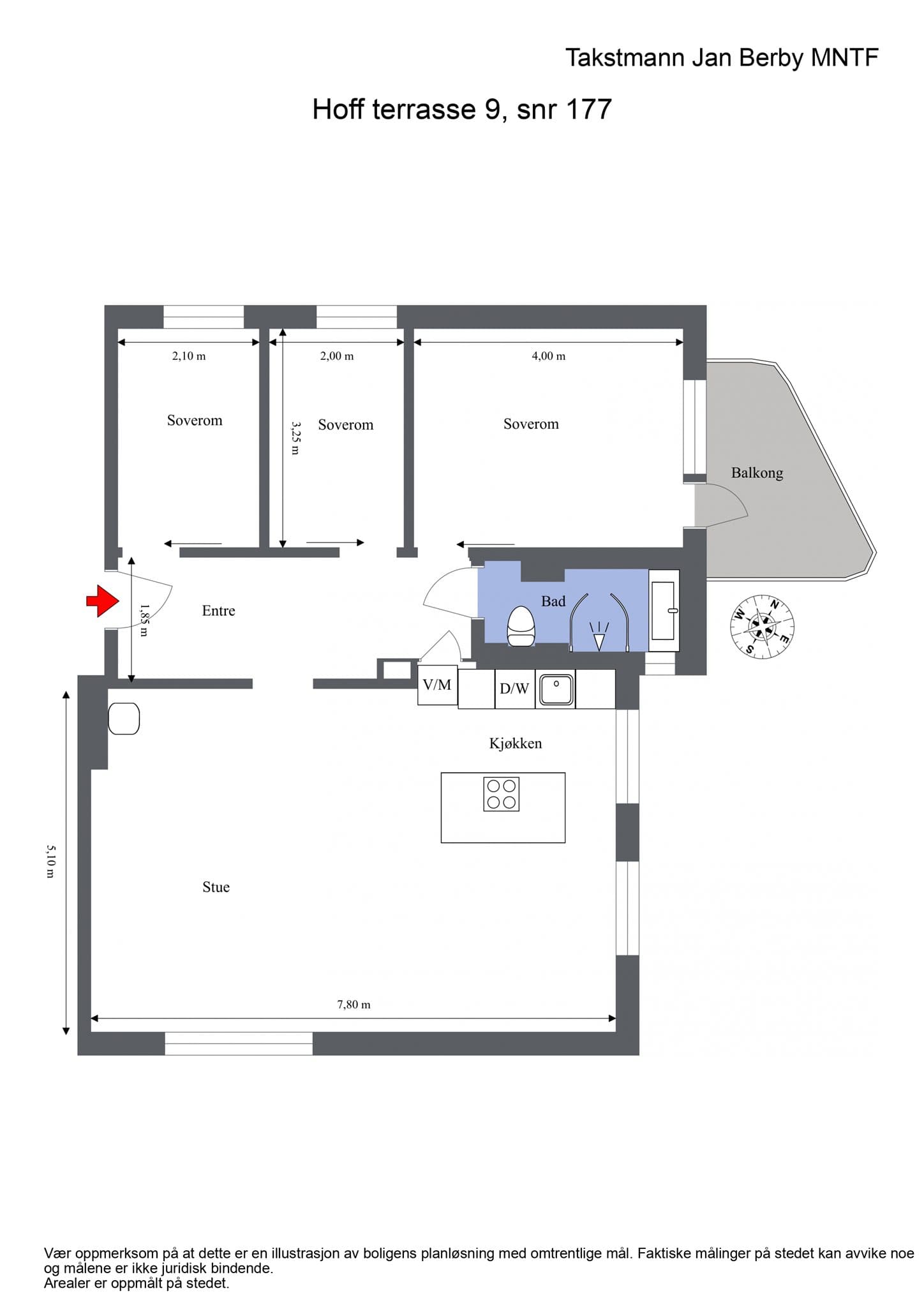 Plantegning. I tillegg disponerer leiligheten to boder på tilsammen 9,4 m², boden i kjelleren har stikkontakt og varmeovn.