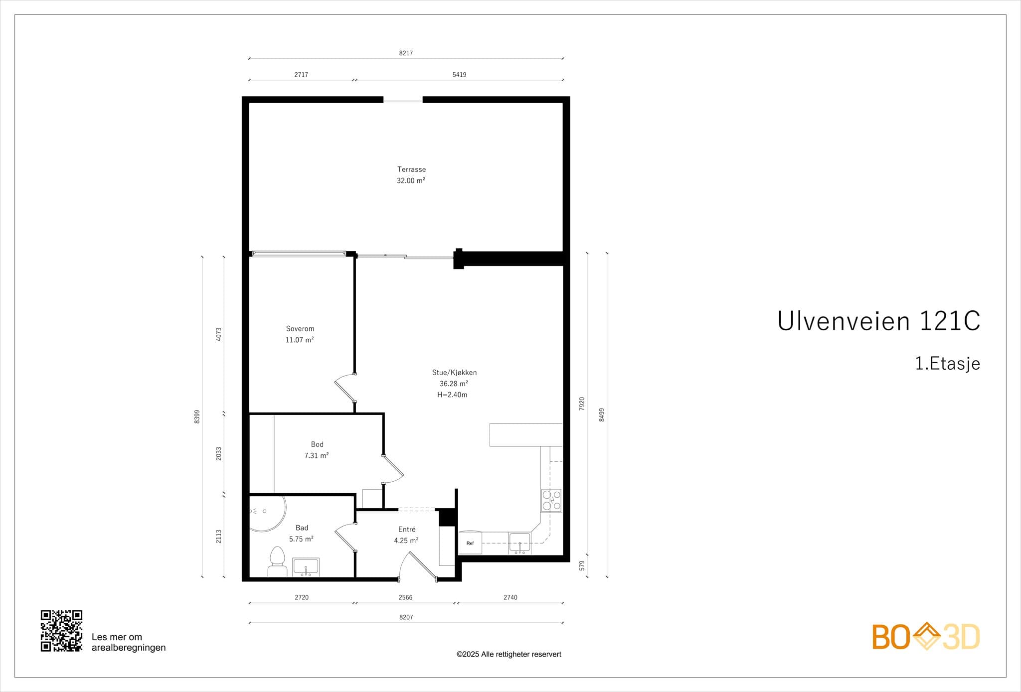 Plantegning. Leiligheten disponerer egen p-plass i garasjeanlegg.