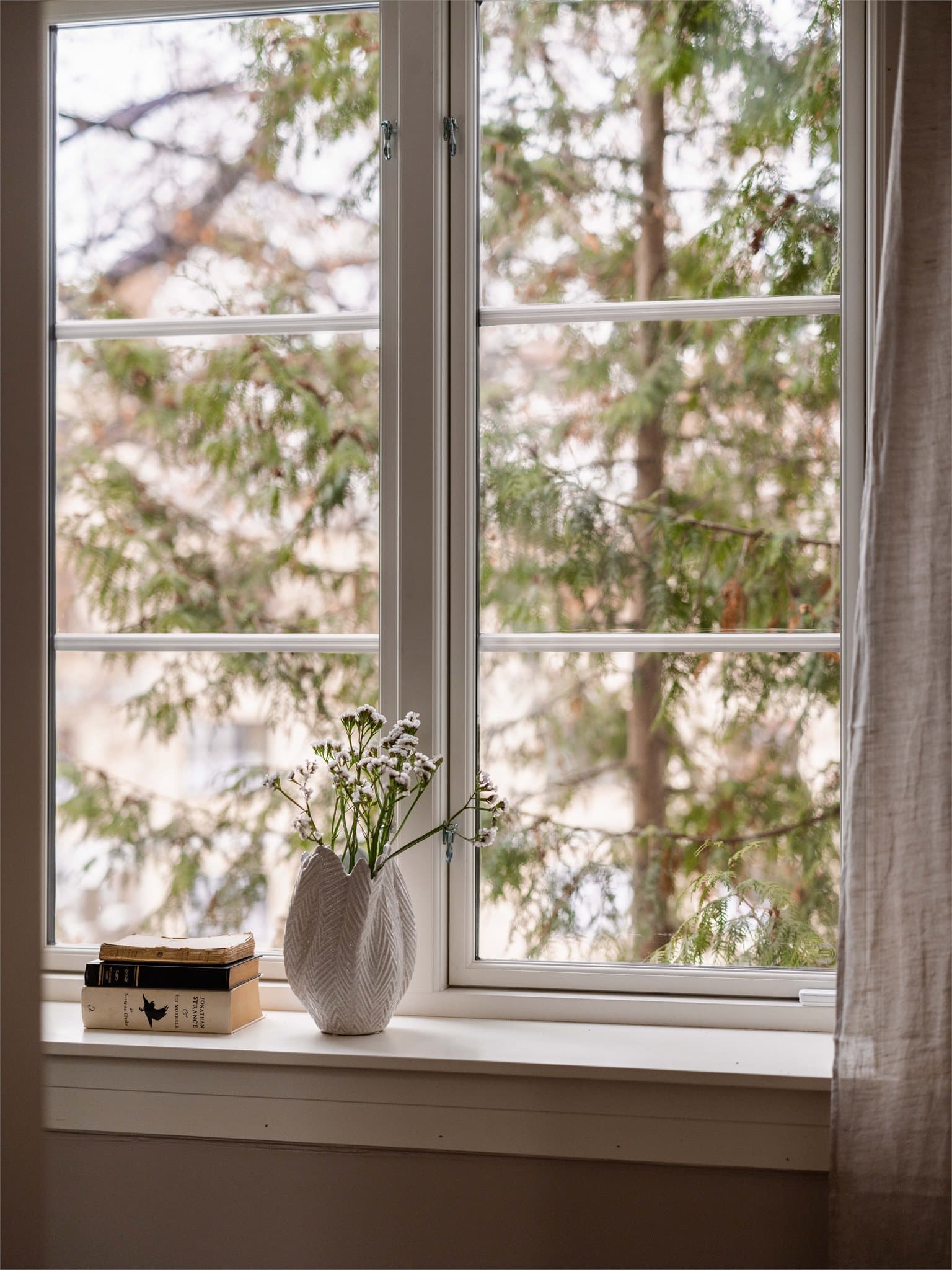 Utsikt mot grønne trær og nabobygninger fra leilighetens vinduer.