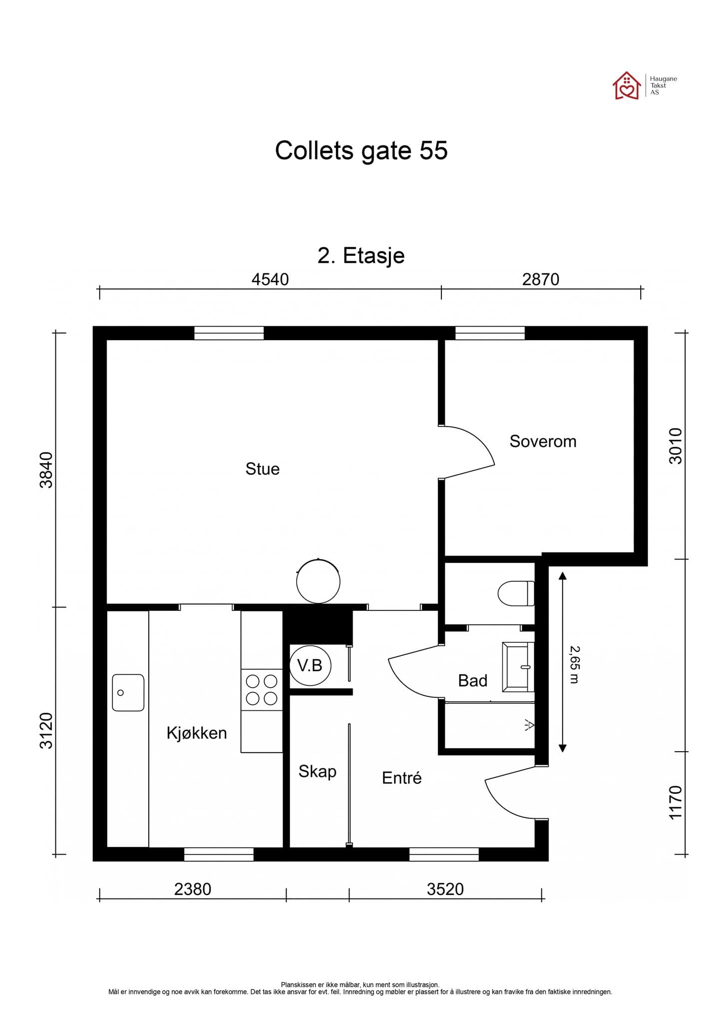 Plantegning. I tillegg disponerer leiligheten en kjellerbod på 12 m² og loftsbod på 1,9 m².