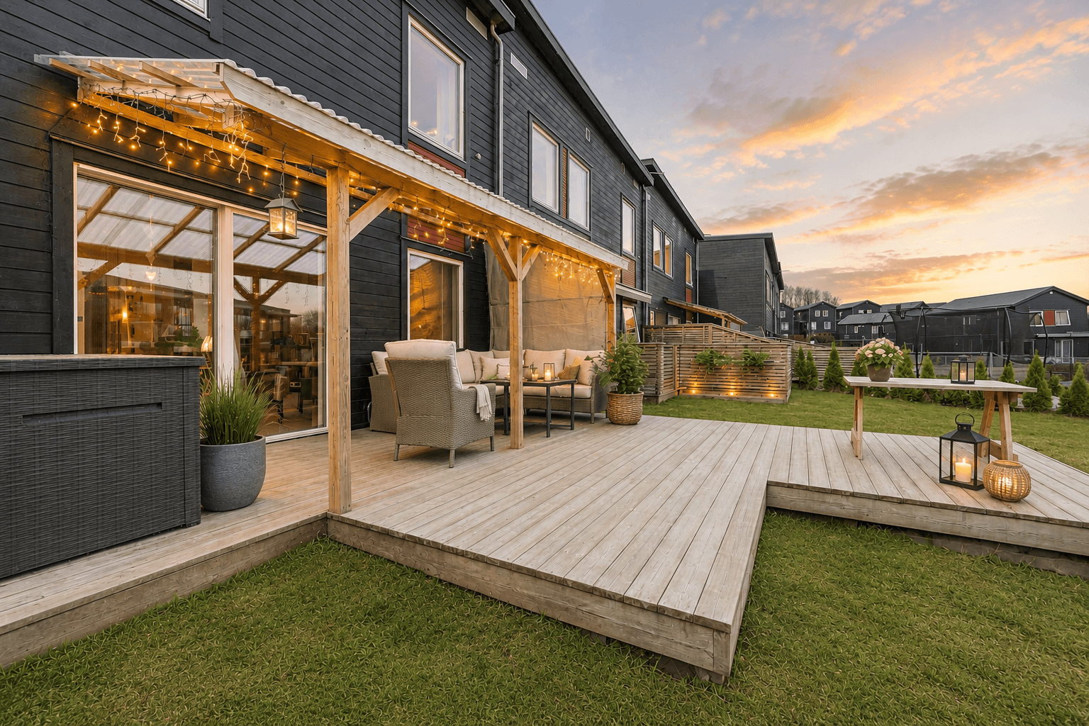 Romslig terrasse med god plass til utemøbler og sosiale sammenkomster.. Redigert ved hjelp av KI, avvik kan forekomme.