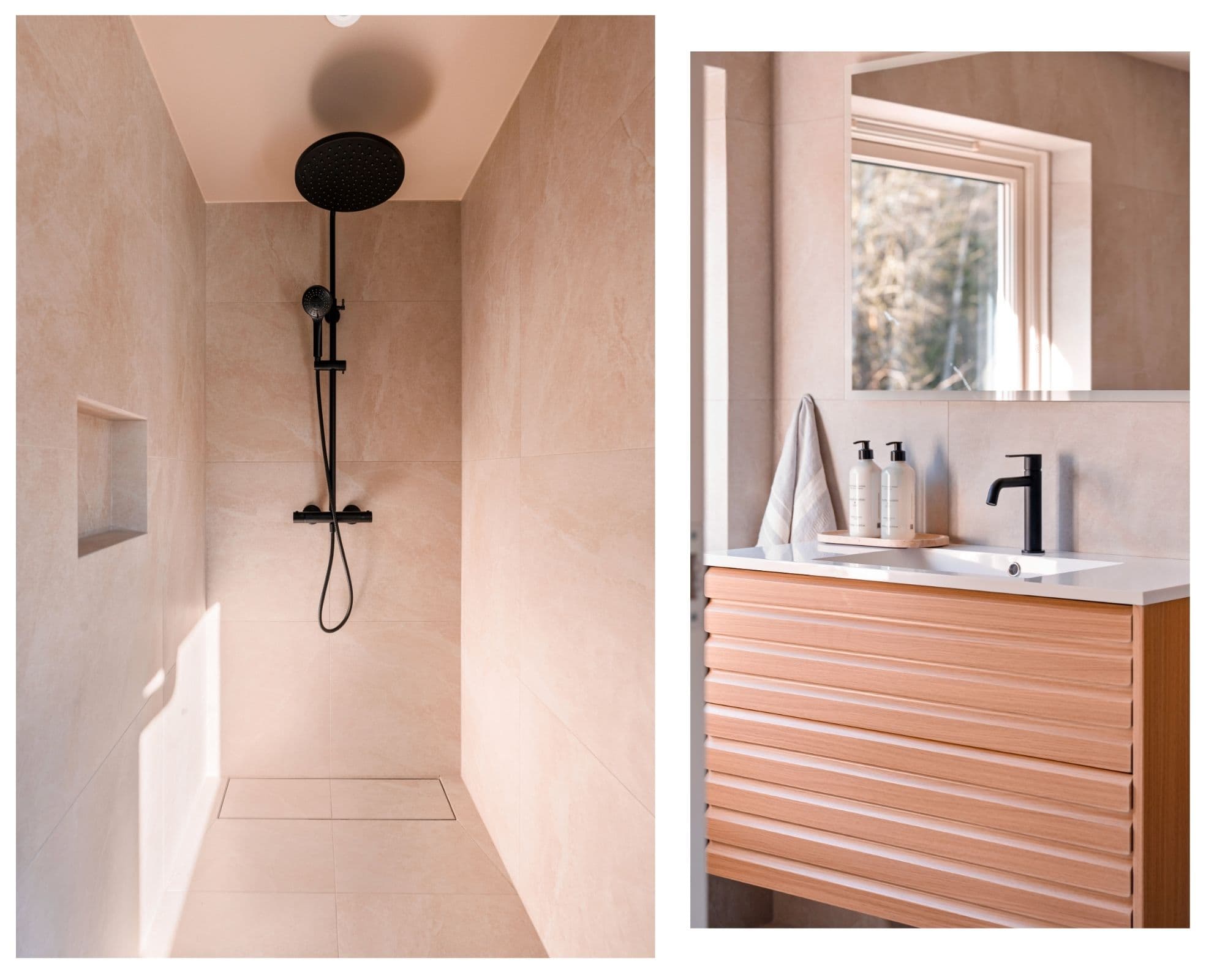 Flislagt bad med servant og dusjløsning.