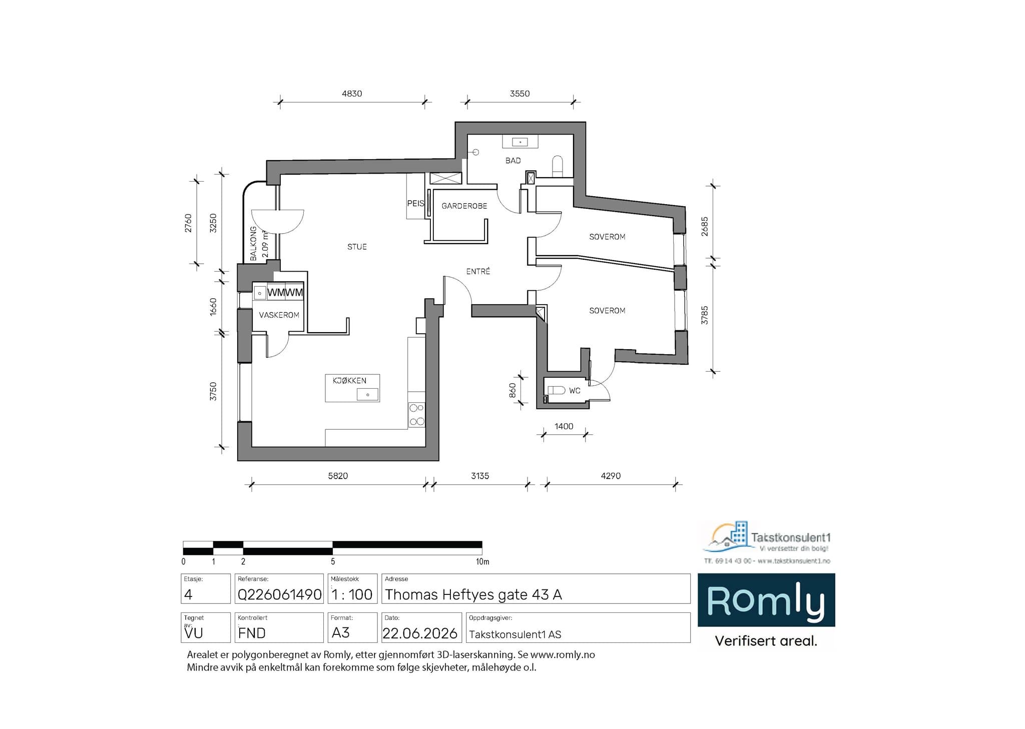 Plantegning. Leiligheten disponerer 2 boder, en på loft og en i kjeller.