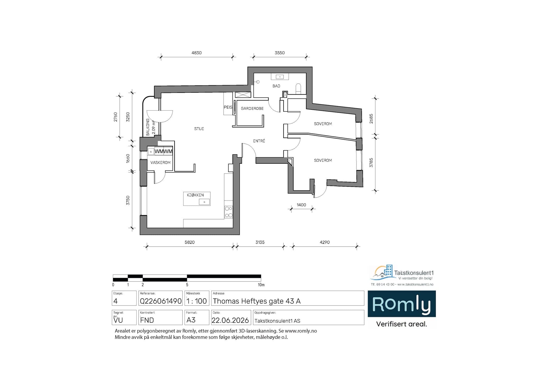 Plantegning. Leiligheten disponerer 2 boder, en på loft og en i kjeller.