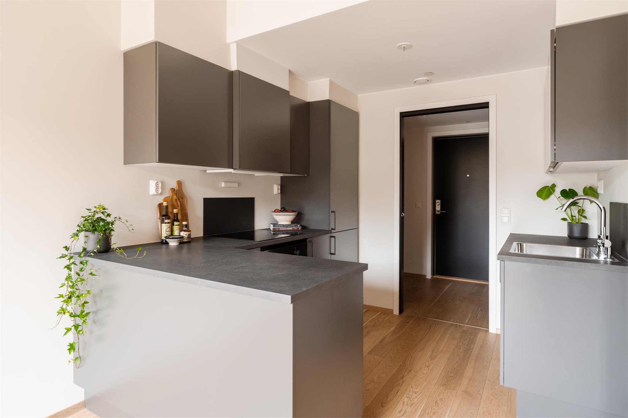 Kjøkkenet er godt utstyrt med integrerte hvitevarer som oppvaskmaskin, stekeovn, induksjonstopp og kjøl-/fryseskap, noe som gir en effektiv og brukervennlig hverdag.