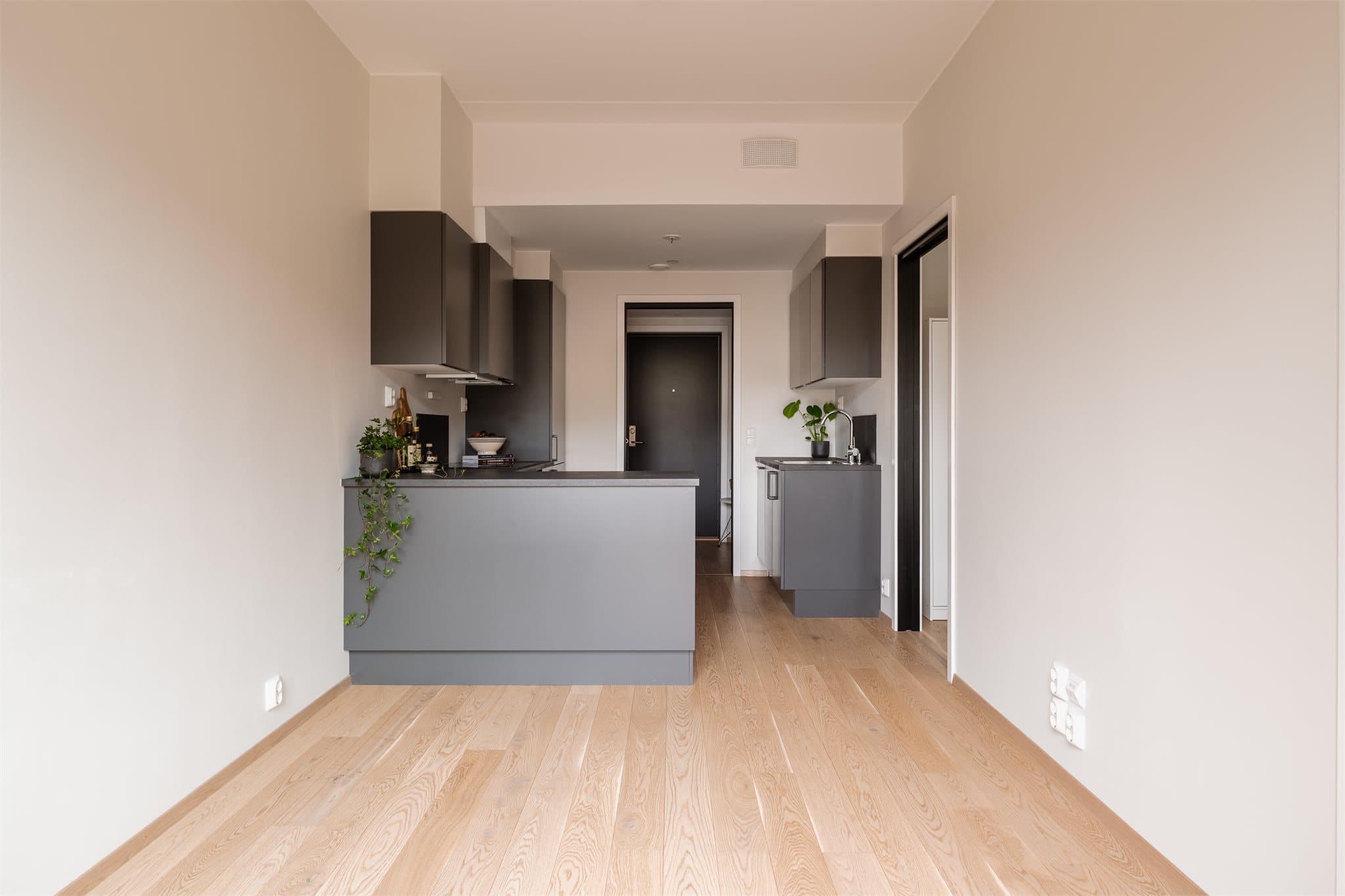 Stuen er arealeffektiv og gir plass til sofa med tilhørende TV-møblement, med en praktisk løsning for en hyggelig oppholdssone