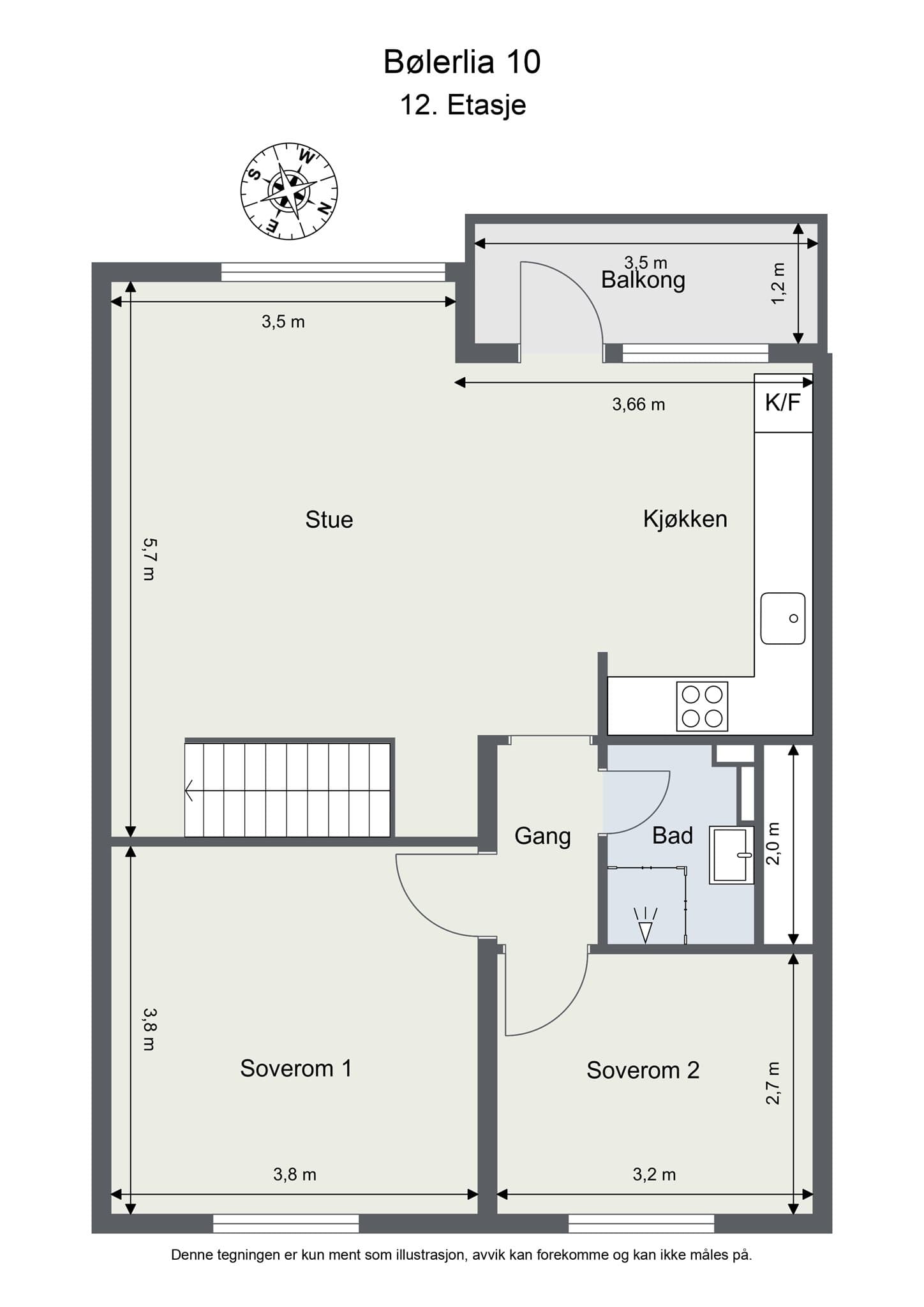 Hovedetasjen i 12. etasje har en åpen løsning med stue, kjøkken, to soverom, bad og balkong.