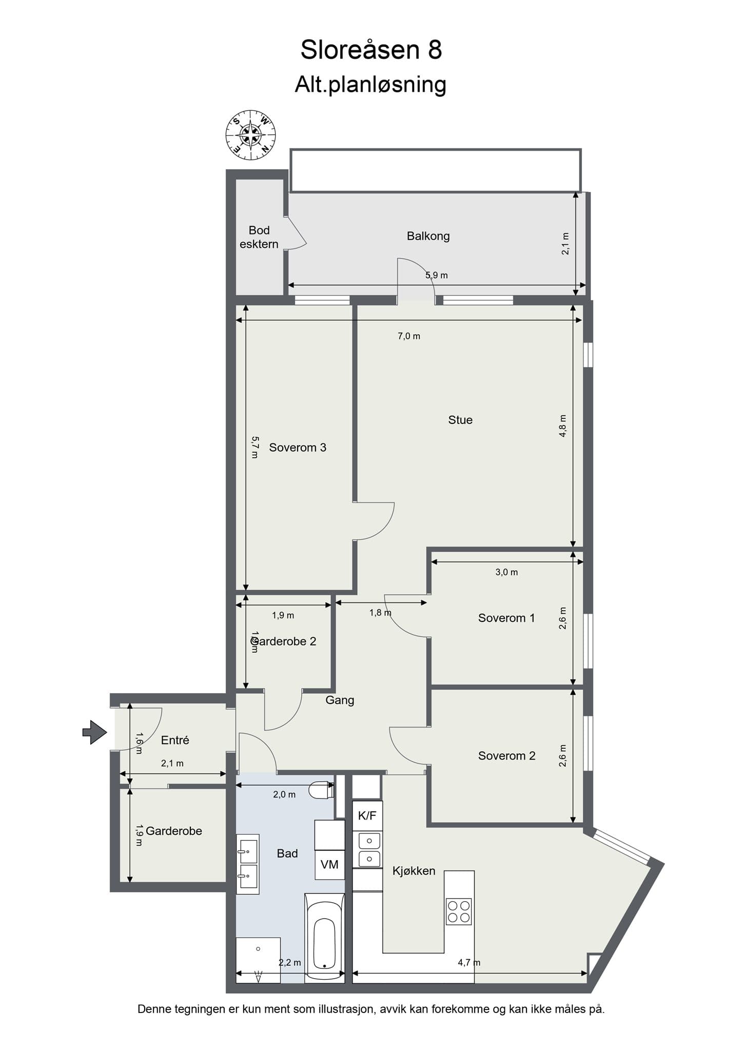Alternativ plantegning. Leiligheten er opprinnelig en 4-roms og kan med enkle grep tilbakeføres til opprinnelig stand.