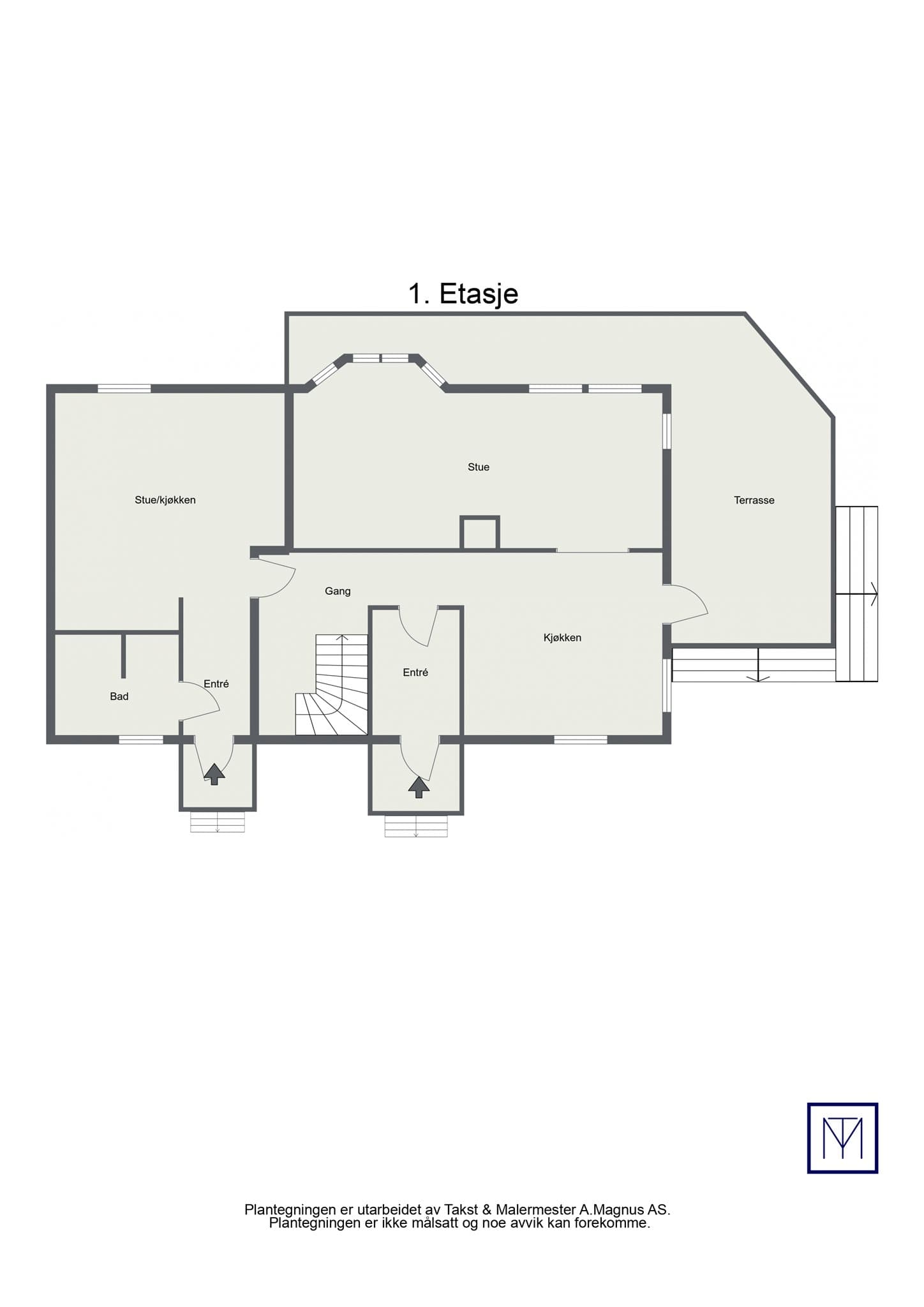 Plantegning 1. etasje. Det er noe avvik mellom dagens bruk og godkjente byggetegninger. Se salgsoppgave.