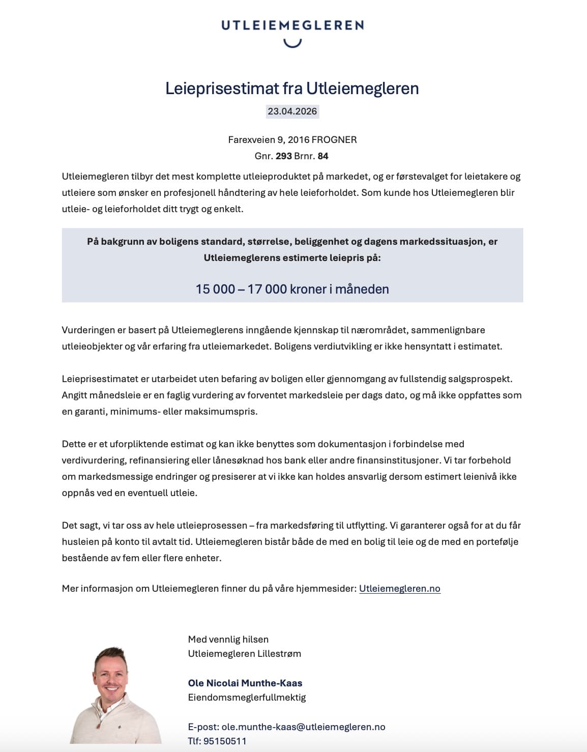 Leieprisestimat for leilighet.