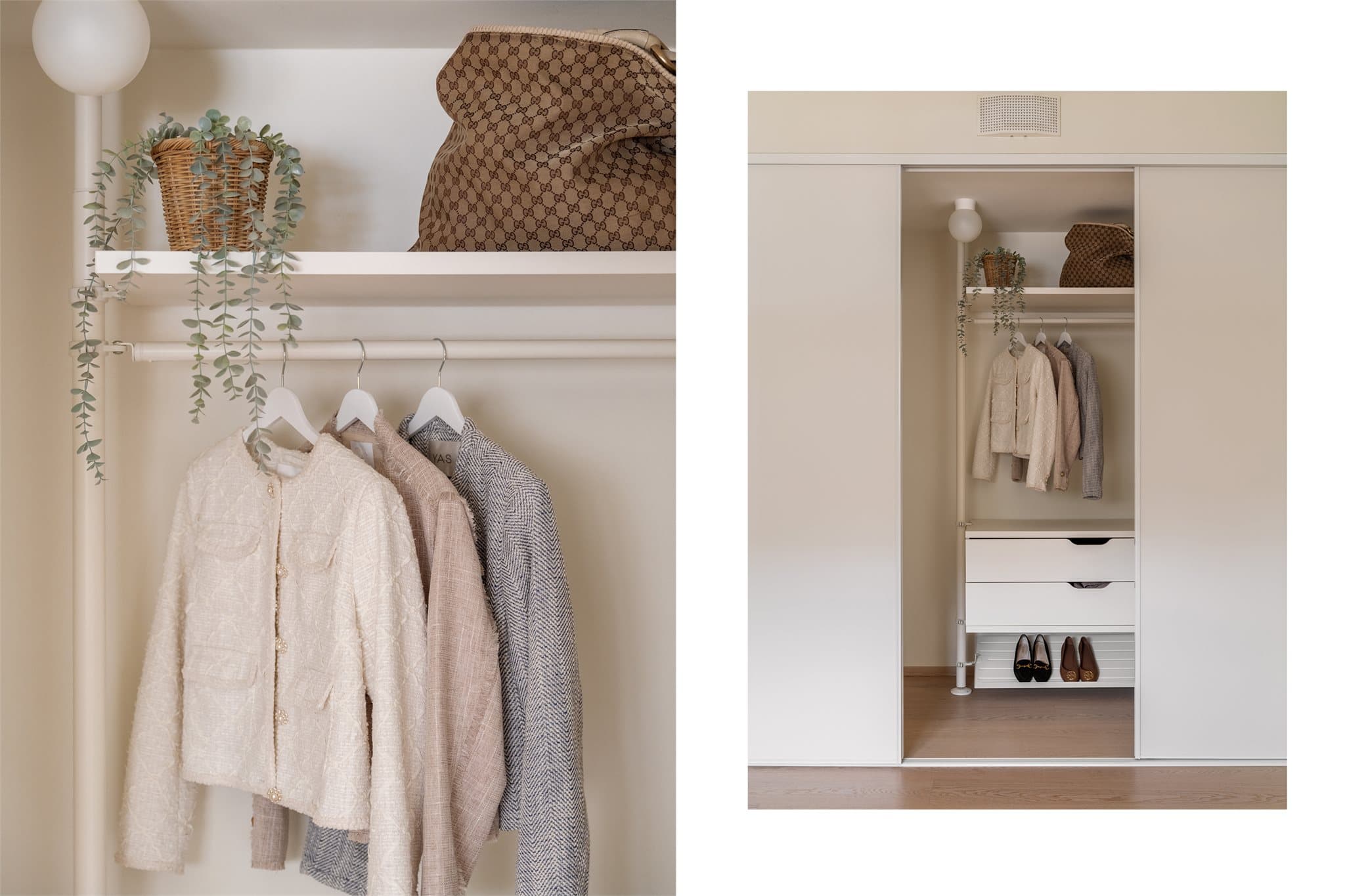 Den smarte «mini walk-in»-løsningen gir en romslig og funksjonell garderobe med god plass for klær, sko og tilbehør. En flott oppbevaringsløsning som gjør det enkelt å holde orden og utnytte plassen effektivt.