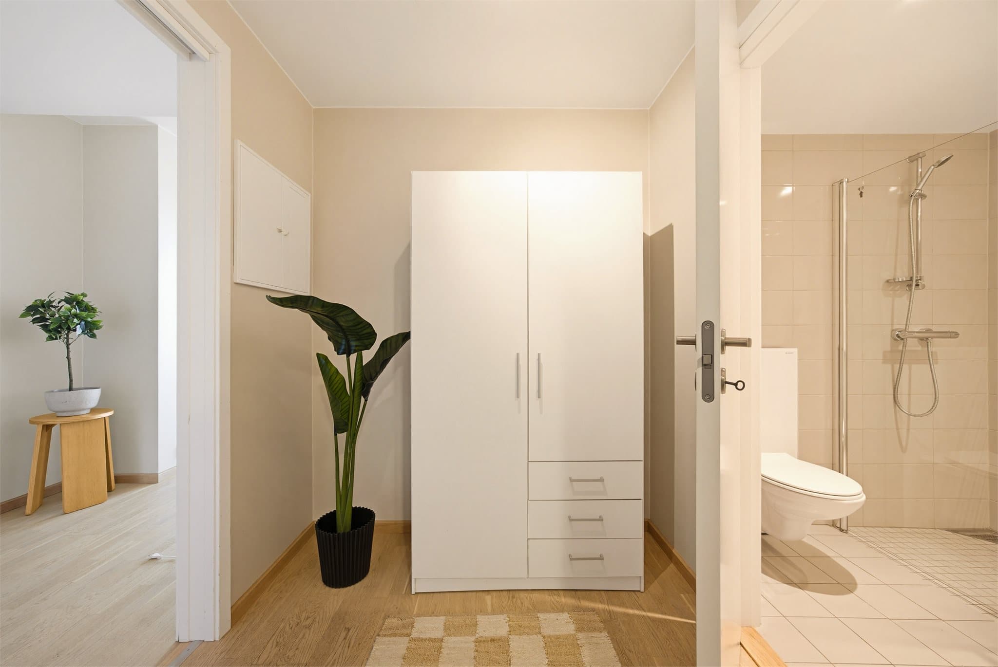 Velkommen inn. Entréen har garderobeskap for praktisk oppbevaring av yttertøy.