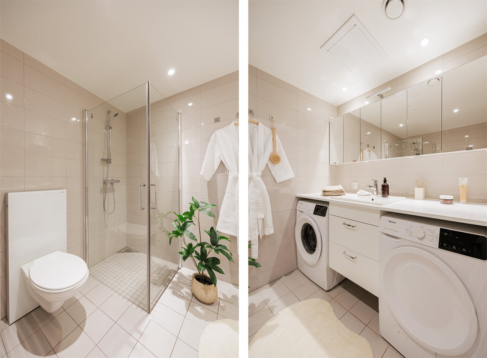 Badet er utstyrt med dusjhjørne, servant med speilskap og veggfestet klosett. Vaskemaskin og tørketrommel medfølger.